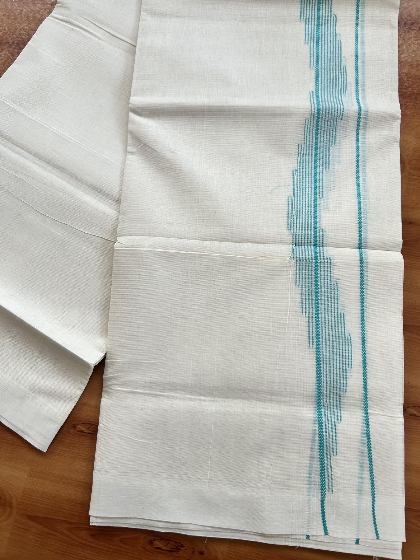 Double Off White (Unbleached) Mundu/Dhoti- 20% Discount! KaithariKada Pure Cotton - 100X80 - 1.5 inch Turquoise Stripes Jacquard Design Kara - 4 mtr (8.5 Muzham) - 13 KK5452 THI
