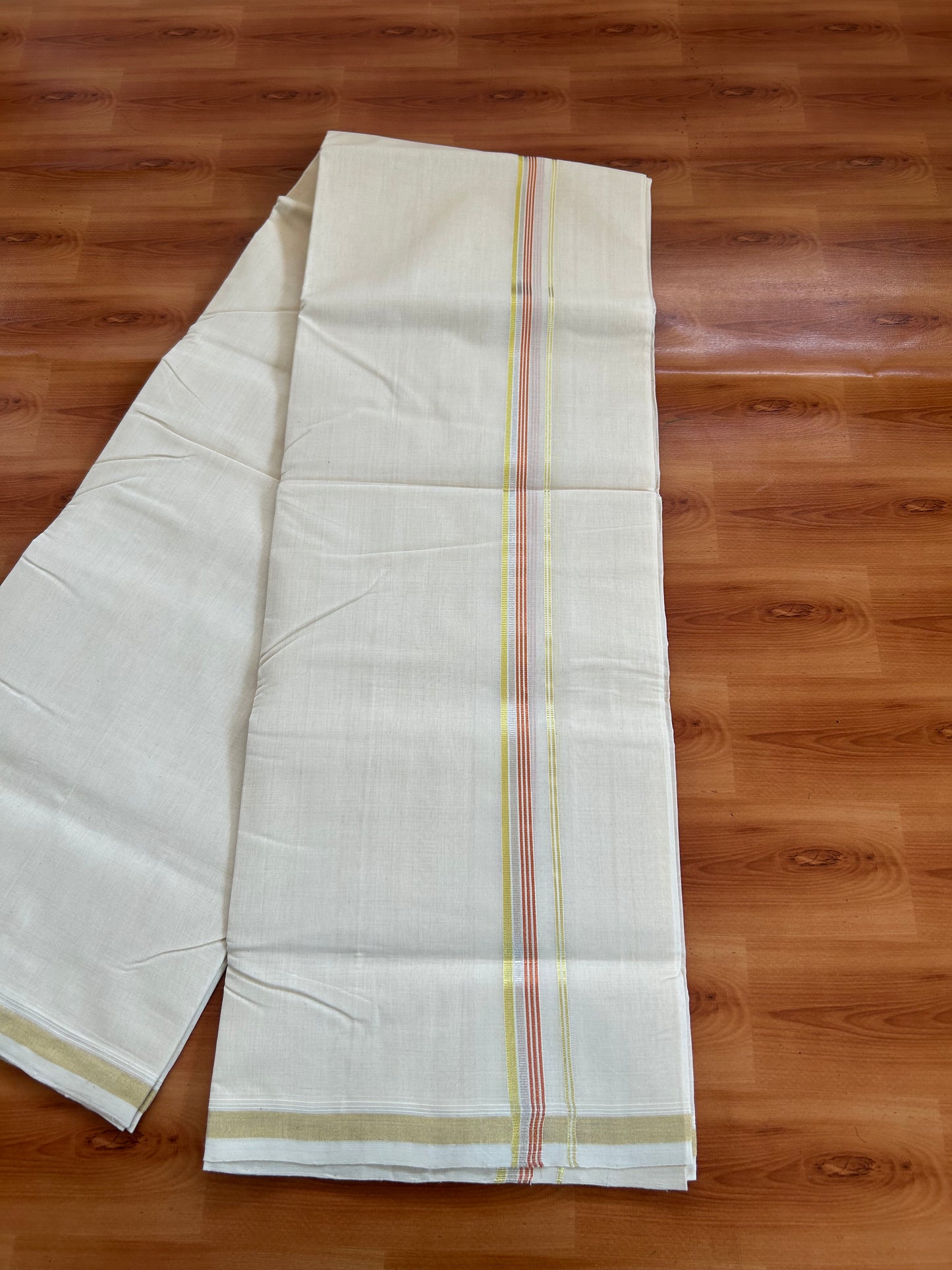 25% Discount! KaithariKada Kerala Handloom Millpaav - 100% Pure Cotton Off White (Unbleached) Double Mundu/Dhoti - 100X80 - 0.5 inch Gold Silver Kasav & Copper Kasav Striped Kara 3.80 (8.14 Muzham) - 38 KK5380 SOM