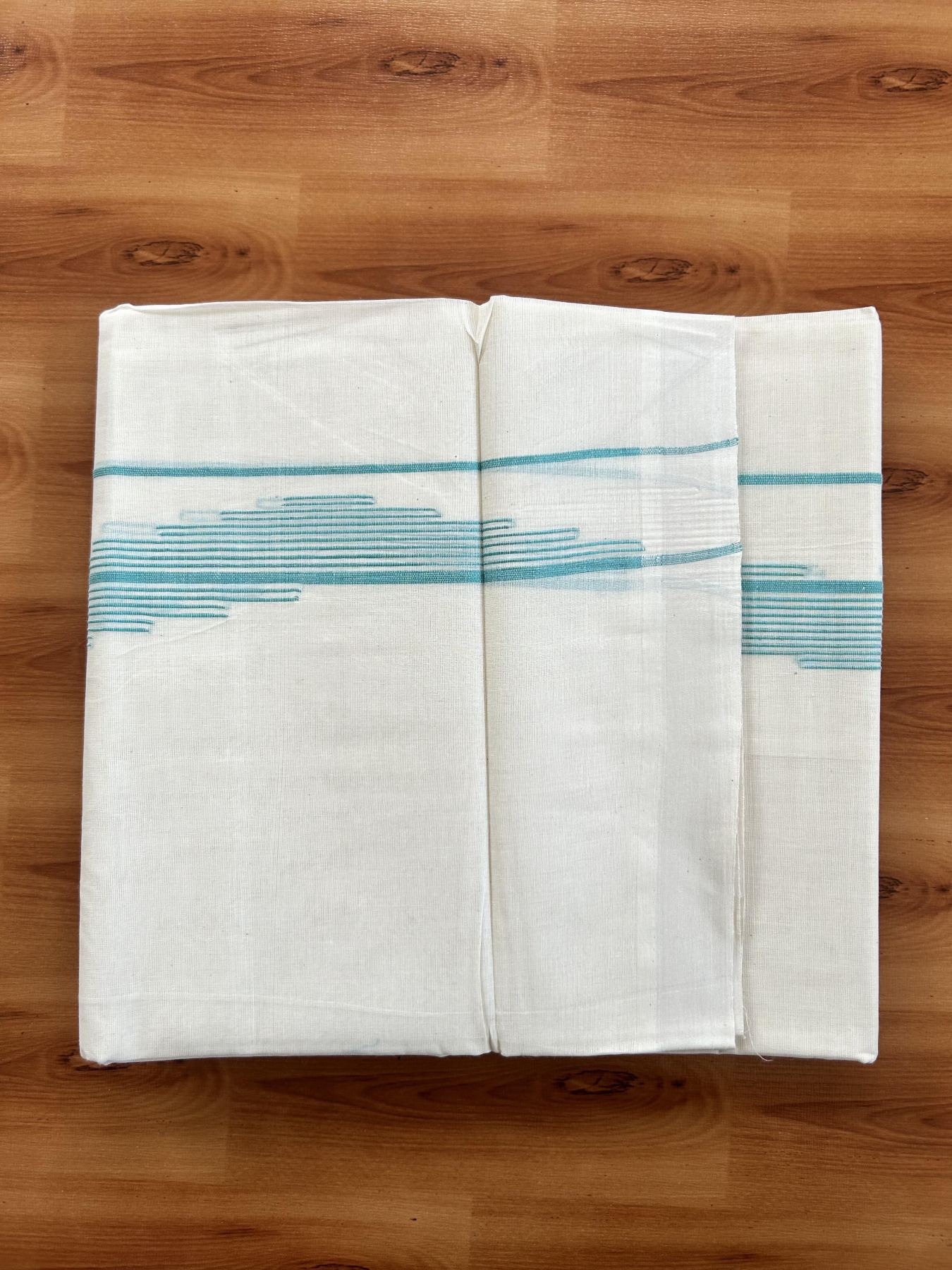 Double Off White (Unbleached) Mundu/Dhoti- 20% Discount! KaithariKada Pure Cotton - 100X80 - 1.5 inch Turquoise Stripes Jacquard Design Kara - 4 mtr (8.5 Muzham) - 14 KK5452 THI