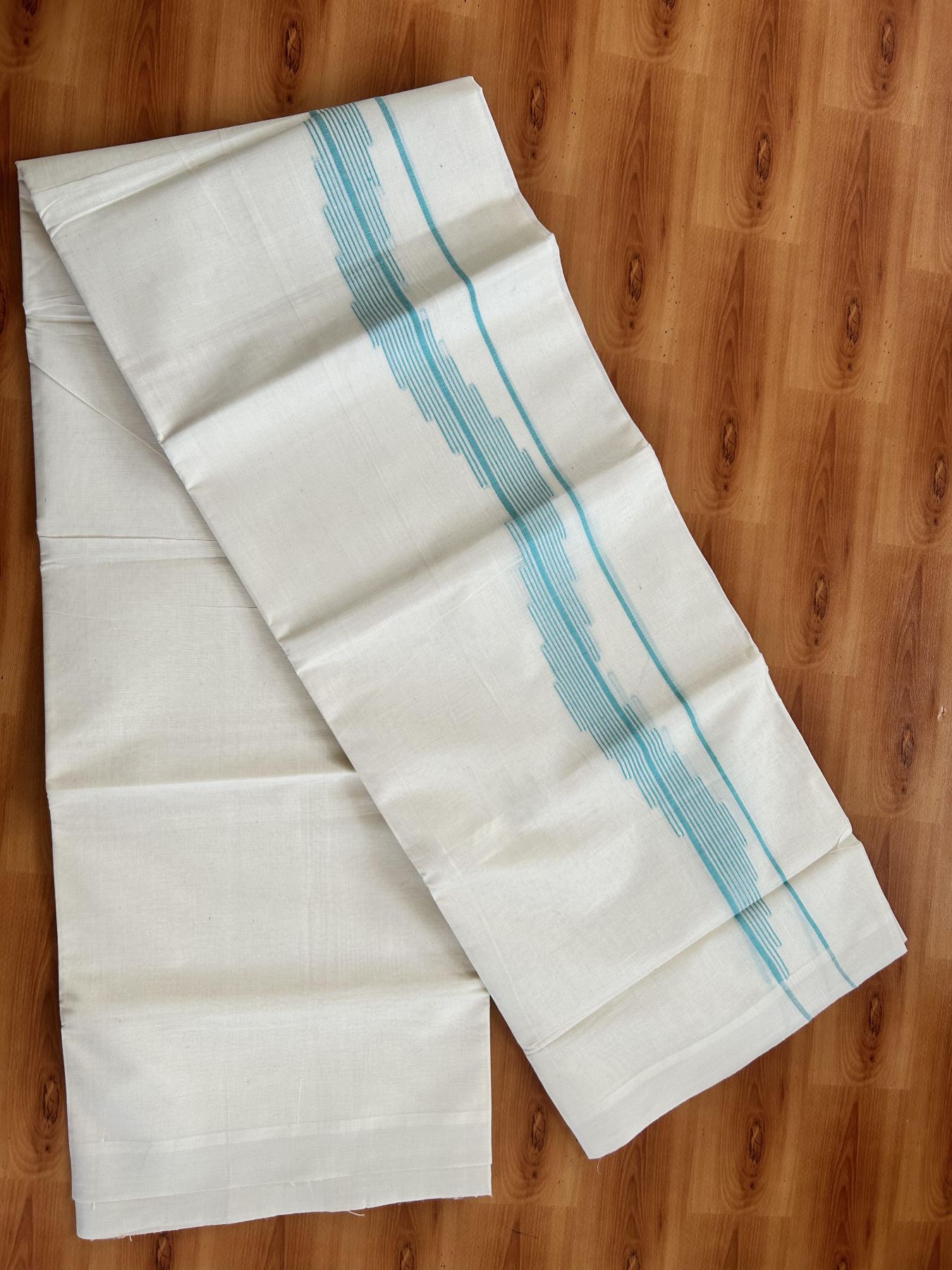 Double Off White (Unbleached) Mundu/Dhoti- 20% Discount! KaithariKada Pure Cotton - 100X80 - 1.5 inch Turquoise Stripes Jacquard Design Kara - 4 mtr (8.5 Muzham) - 14 KK5452 THI