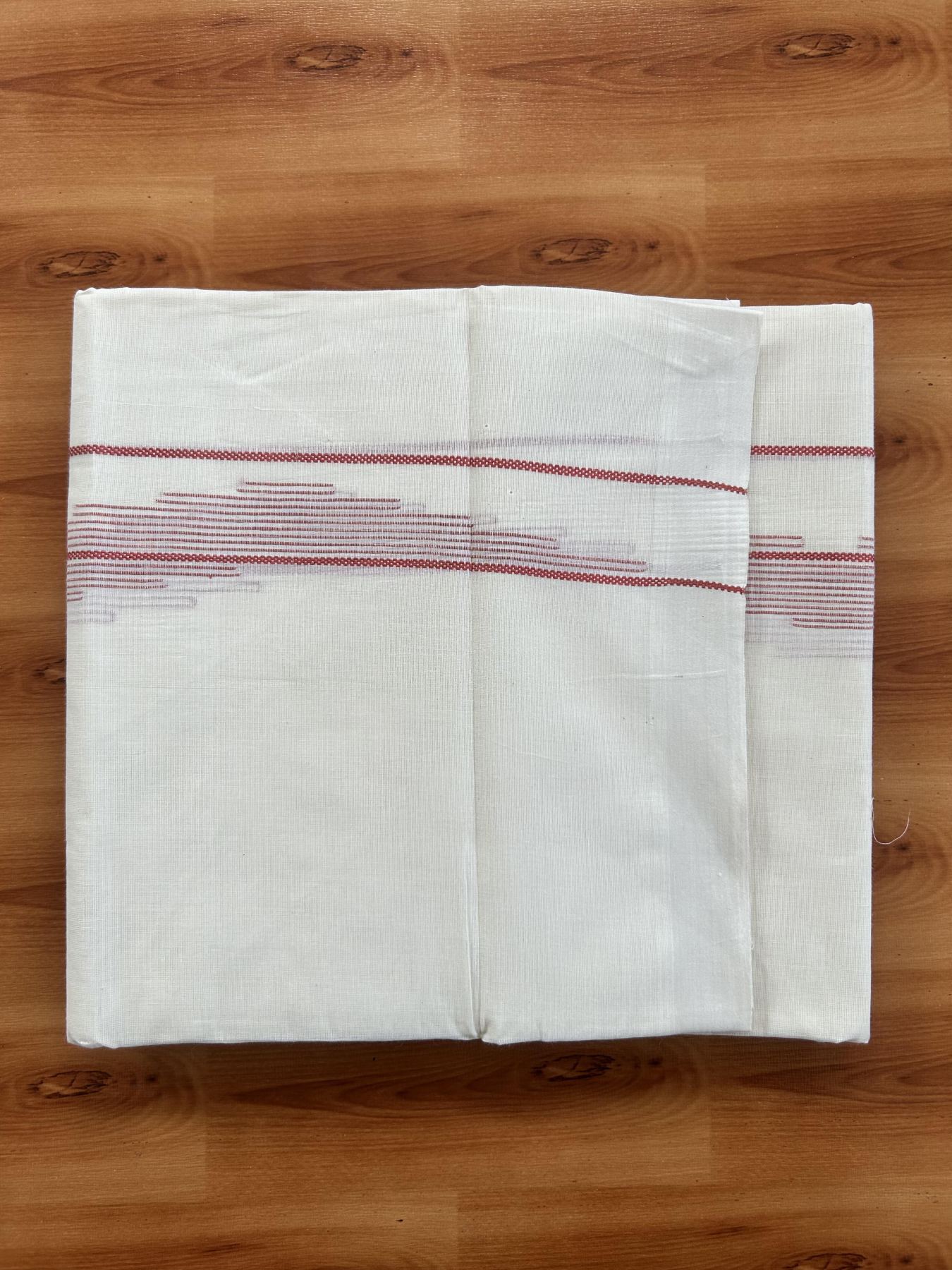 Double Off White (Unbleached) Mundu/Dhoti- 20% Discount! KaithariKada Pure Cotton - 100X80 - 1.5 inch Reddish Orange Stripes Jacquard Design Kara - 4 mtr (8.5 Muzham) - 18 KK5452 THI