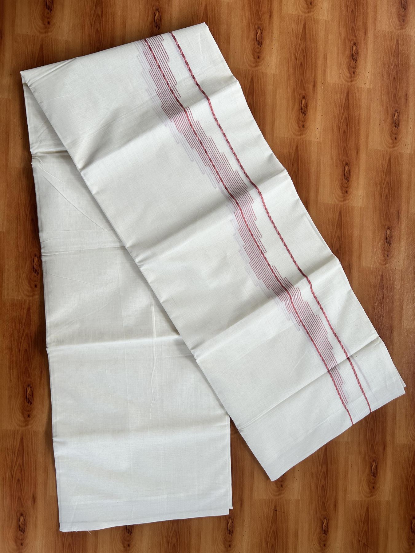 Double Off White (Unbleached) Mundu/Dhoti- 20% Discount! KaithariKada Pure Cotton - 100X80 - 1.5 inch Reddish Orange Stripes Jacquard Design Kara - 4 mtr (8.5 Muzham) - 18 KK5452 THI