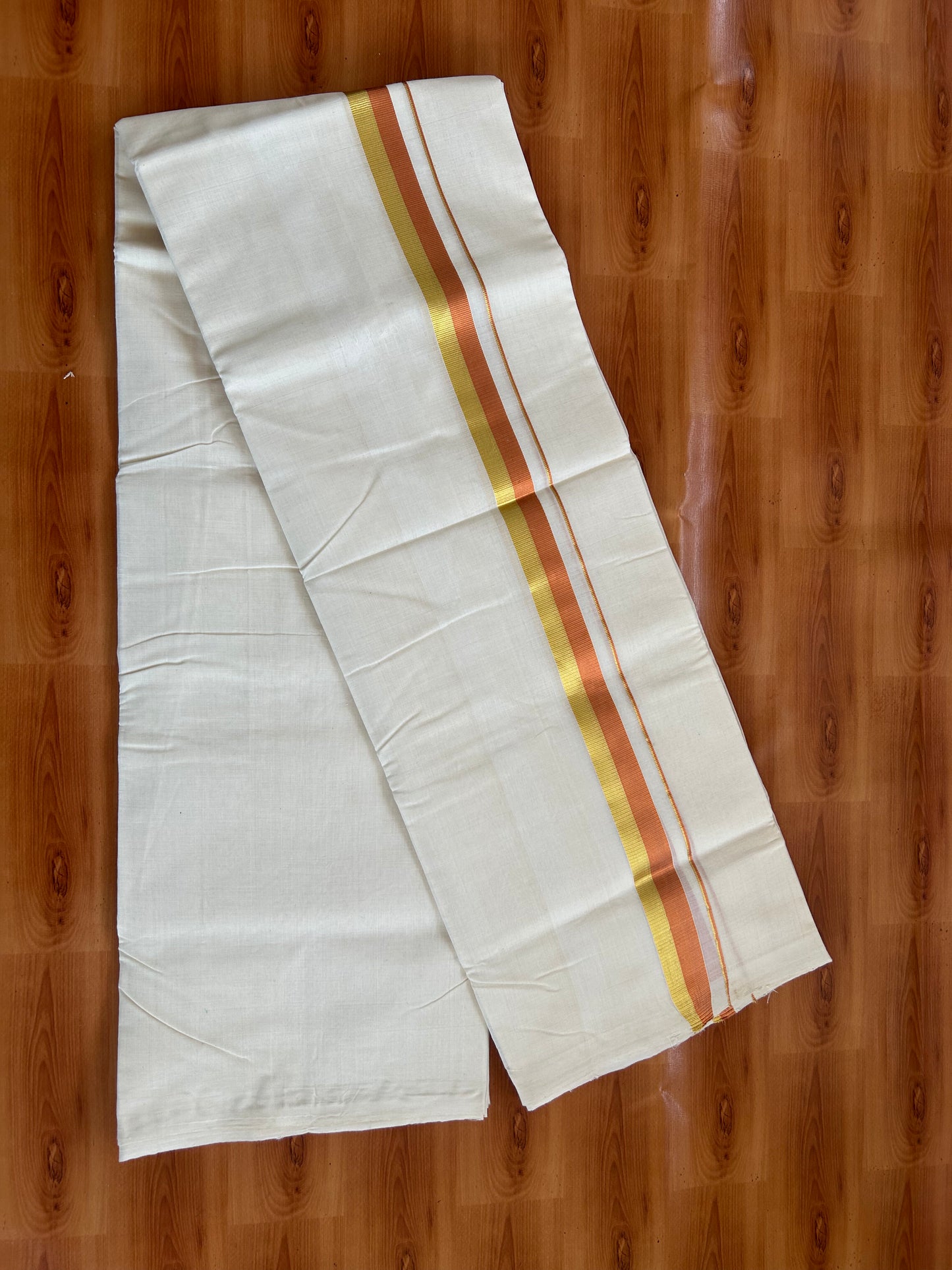 25% Discount! KaithariKada Kerala Handloom Millpaav - 100% Pure Cotton Off White (Unbleached) Double Mundu/Dhoti - 100X80 -1 inch Gold & Copper Kasav Kara 3.80 (8.14 Muzham) - 39 KK5380 SOM
