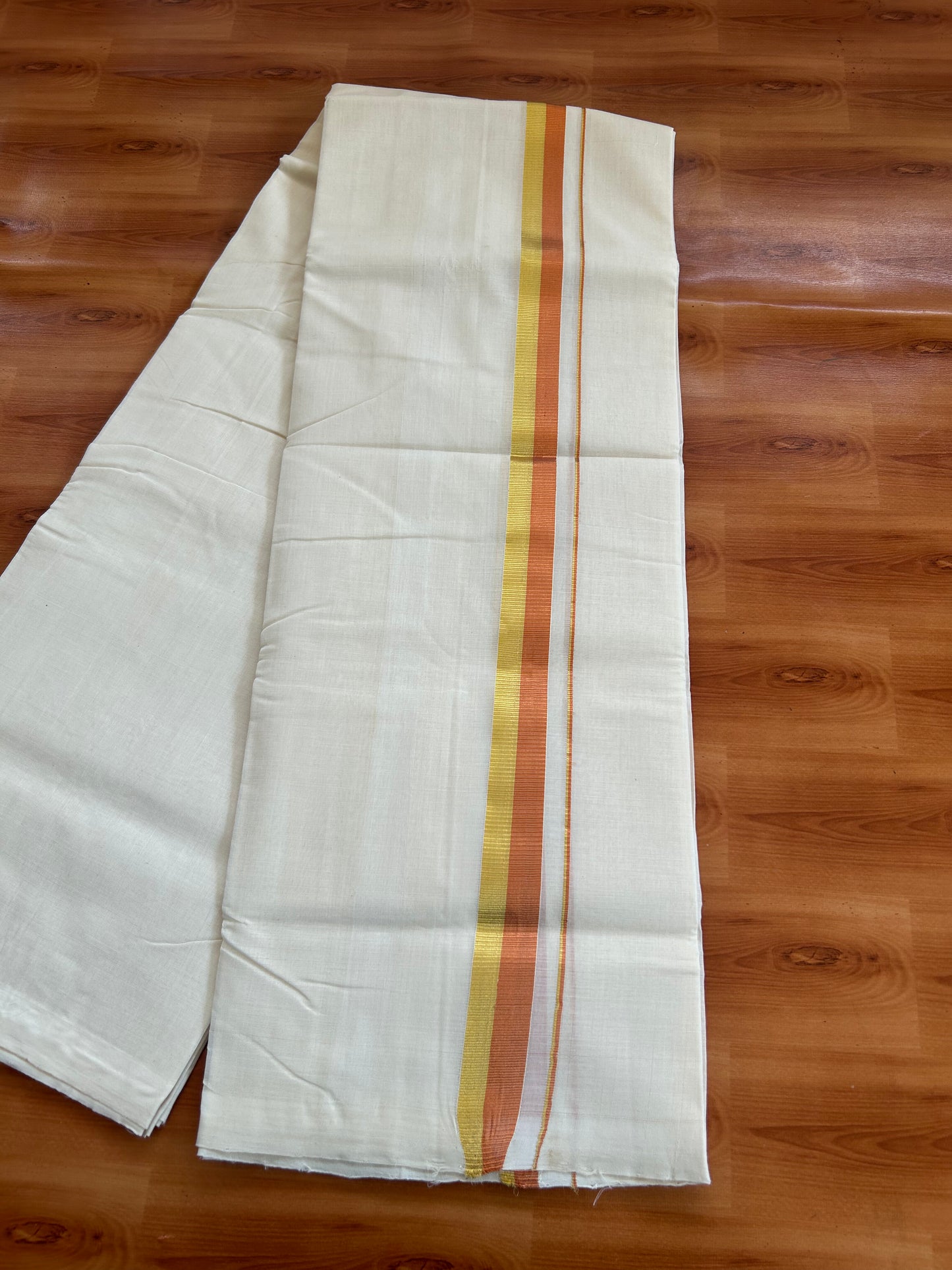25% Discount! KaithariKada Kerala Handloom Millpaav - 100% Pure Cotton Off White (Unbleached) Double Mundu/Dhoti - 100X80 -1 inch Gold & Copper Kasav Kara 3.80 (8.14 Muzham) - 39 KK5380 SOM