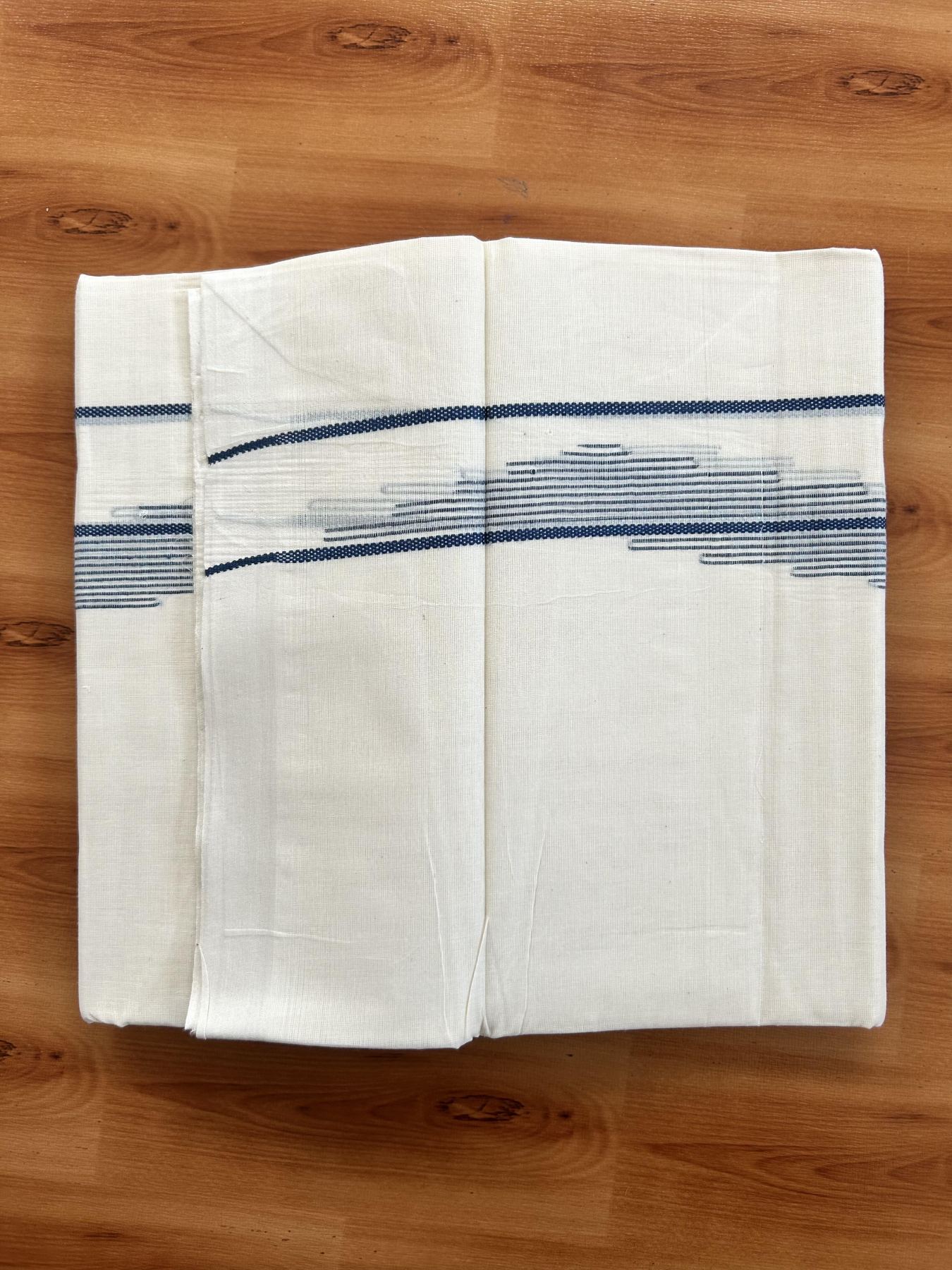 Double Off White (Unbleached) Mundu/Dhoti- 20% Discount! KaithariKada Pure Cotton - 100X80 - 1.5 inch Dark Peacock Blue Stripes Jacquard Design Kara - 4 mtr (8.5 Muzham) - 21 KK5452 THI