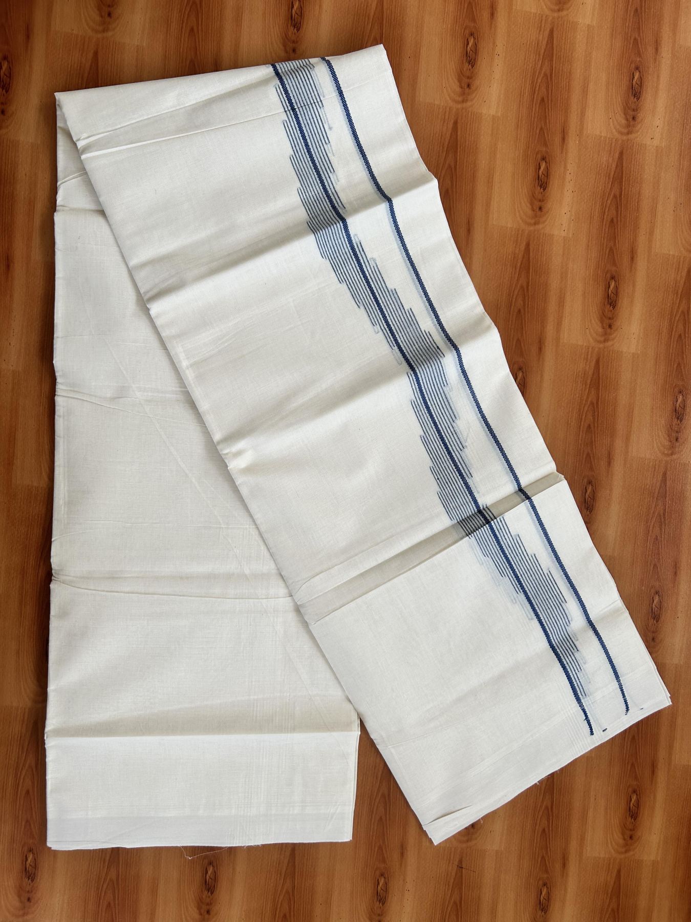Double Off White (Unbleached) Mundu/Dhoti- 20% Discount! KaithariKada Pure Cotton - 100X80 - 1.5 inch Dark Peacock Blue Stripes Jacquard Design Kara - 4 mtr (8.5 Muzham) - 21 KK5452 THI