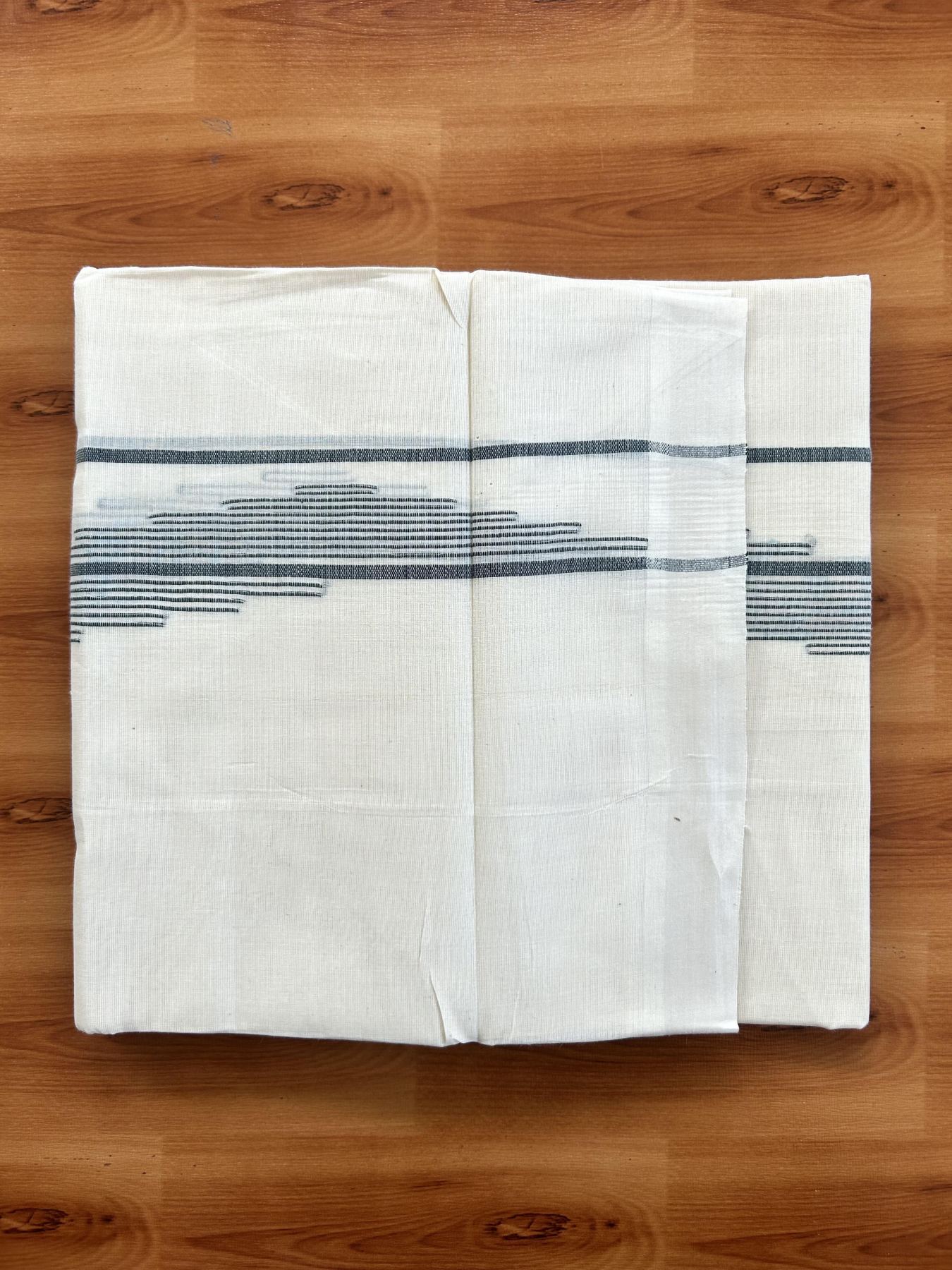 Double Off White (Unbleached) Mundu/Dhoti- 20% Discount! KaithariKada Pure Cotton - 100X80 - 1.5 inch Green Stripes Jacquard Design Kara - 4 mtr (8.5 Muzham) - 15 KK5452 THI