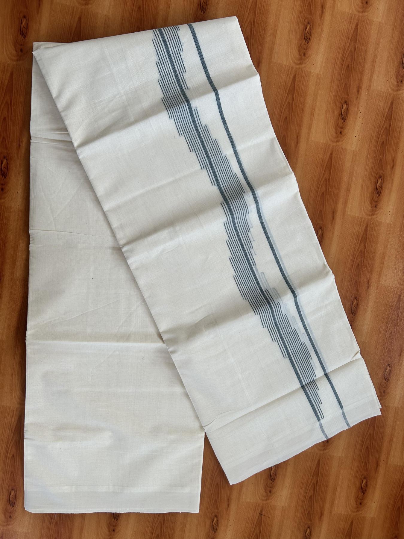 Double Off White (Unbleached) Mundu/Dhoti- 20% Discount! KaithariKada Pure Cotton - 100X80 - 1.5 inch Green Stripes Jacquard Design Kara - 4 mtr (8.5 Muzham) - 15 KK5452 THI
