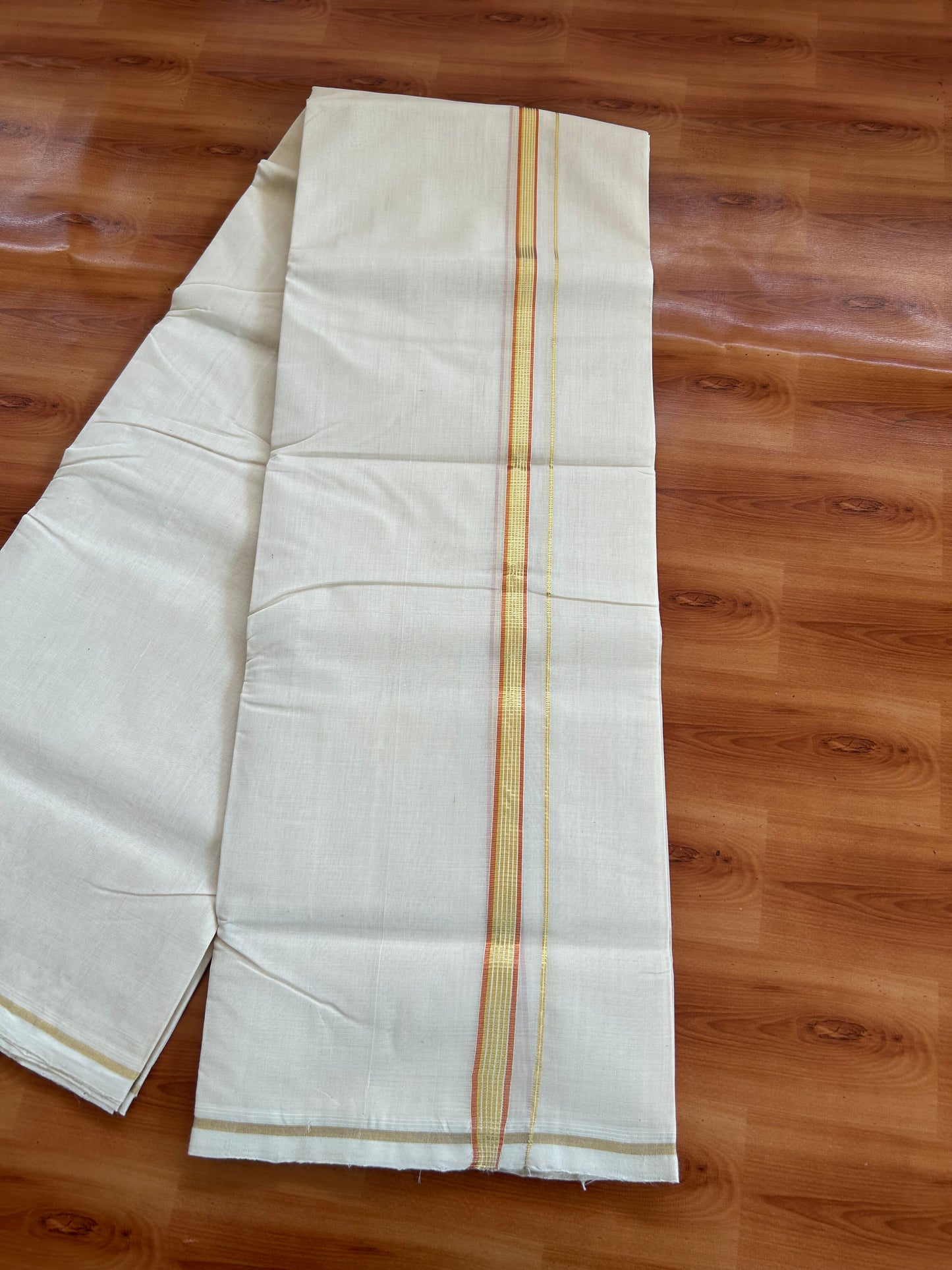 25% Discount! KaithariKada Kerala Handloom Millpaav - 100% Pure Cotton Off White (Unbleached) Double Mundu/Dhoti - 100X80 - 0.5 inch Copper & Gold Striped Kasav Kara 3.80 (8.14 Muzham) - 41 KK5380 SOM