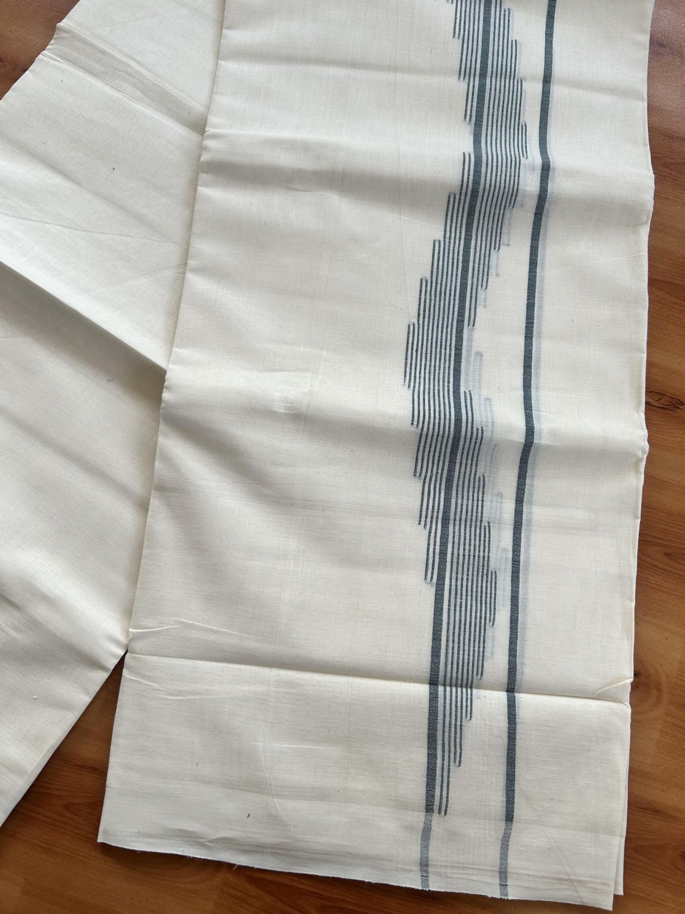 Double Off White (Unbleached) Mundu/Dhoti- 20% Discount! KaithariKada Pure Cotton - 100X80 - 1.5 inch Green Stripes Jacquard Design Kara - 4 mtr (8.5 Muzham) - 15 KK5452 THI