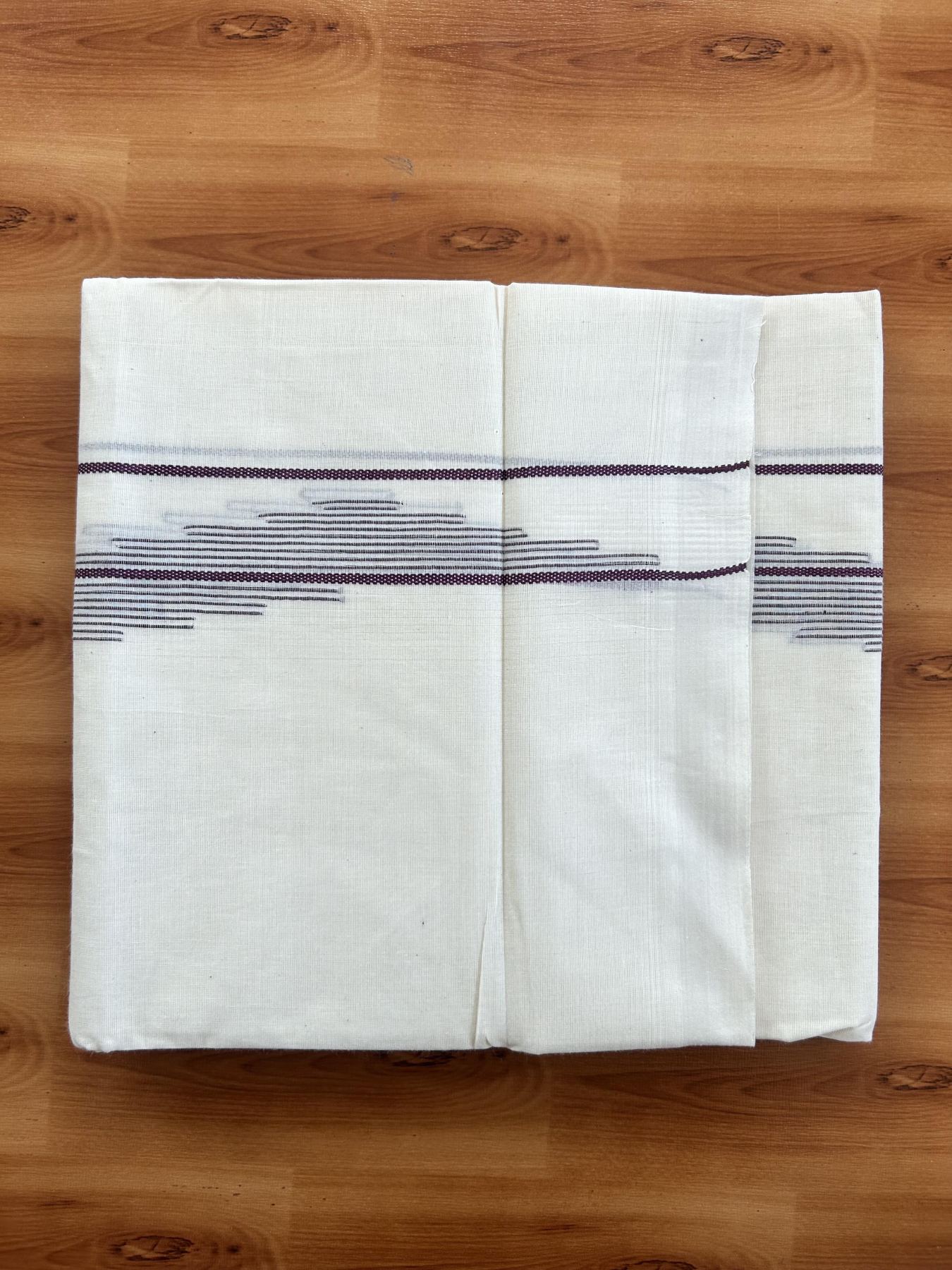 Double Off White (Unbleached) Mundu/Dhoti- 20% Discount! KaithariKada Pure Cotton - 100X80 - 1.5 inch Dark Purple Stripes Jacquard Design Kara - 4 mtr (8.5 Muzham) - 16 KK5452 THI