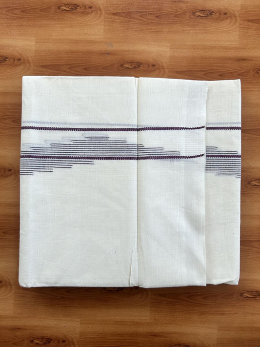 Double Off White (Unbleached) Mundu/Dhoti- 20% Discount! KaithariKada Pure Cotton - 100X80 - 1.5 inch Dark Purple Stripes Jacquard Design Kara - 4 mtr (8.5 Muzham) - 16 KK5452 THI