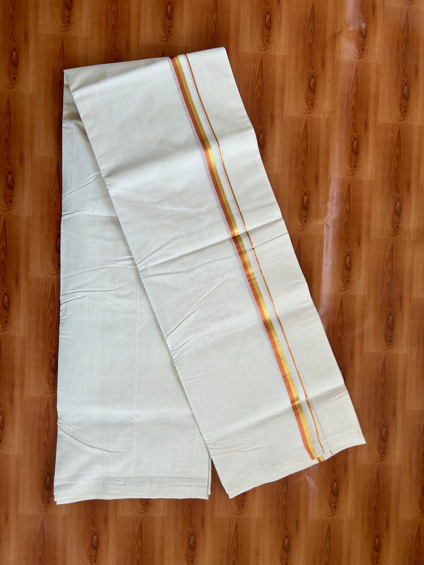 25% Discount! KaithariKada Kerala Handloom Millpaav - 100% Pure Cotton Off White (Unbleached) Double Mundu/Dhoti - 100X80 - 0.5 inch Gold & Copper Kasav Kara 3.80 (8Muzham) - 42 KK5380 SOM