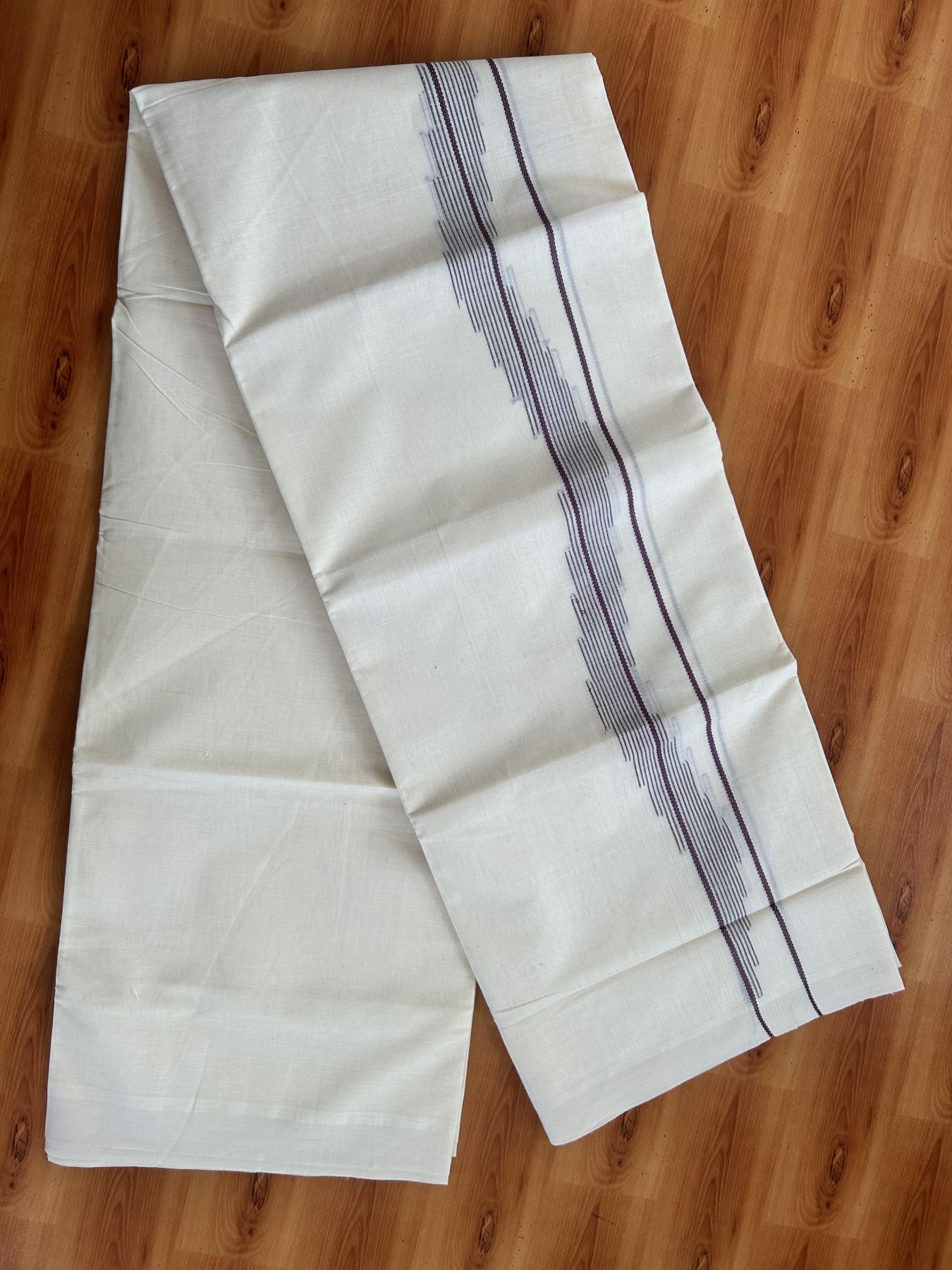 Double Off White (Unbleached) Mundu/Dhoti- 20% Discount! KaithariKada Pure Cotton - 100X80 - 1.5 inch Dark Purple Stripes Jacquard Design Kara - 4 mtr (8.5 Muzham) - 16 KK5452 THI