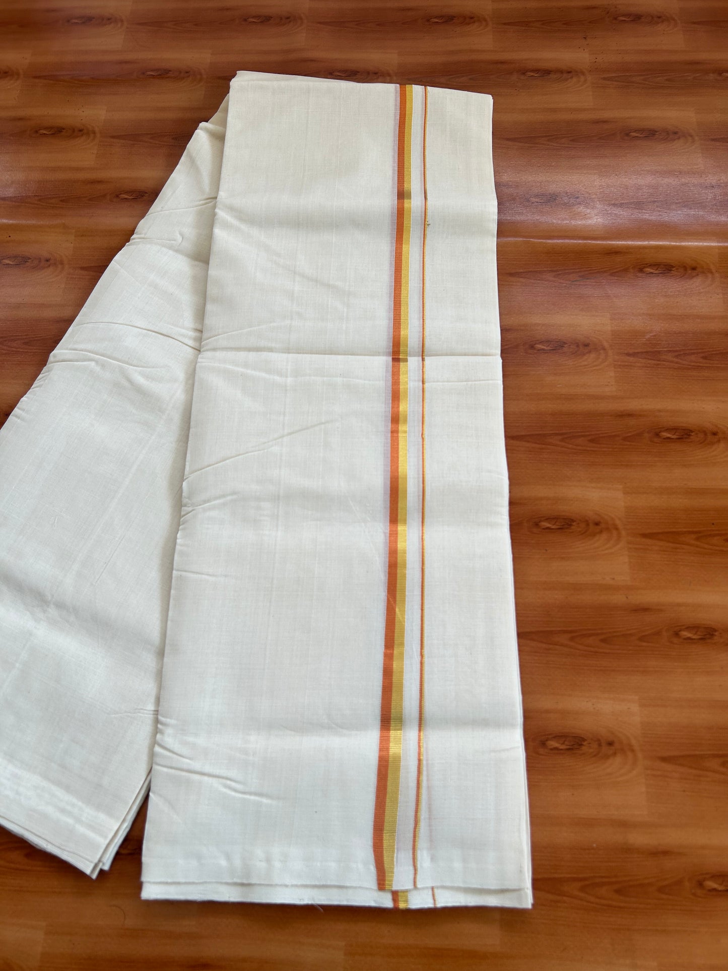 25% Discount! KaithariKada Kerala Handloom Millpaav - 100% Pure Cotton Off White (Unbleached) Double Mundu/Dhoti - 100X80 - 0.5 inch Gold & Copper Kasav Kara 3.80 (8Muzham) - 42 KK5380 SOM