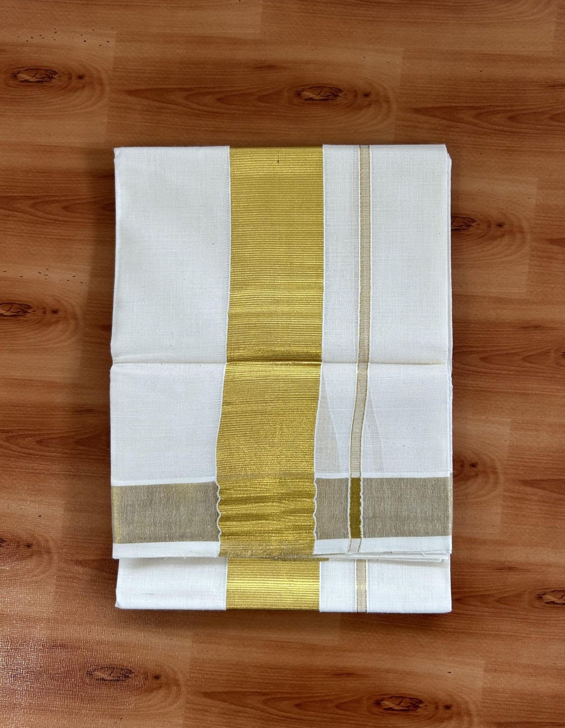 Neriyath Off White  (Unbleached) - 20% Discount!! KaithariKada Balaramapuram - 100% Pure Cotton - 70s - 2 Inch Gold Kasavu Kara - 1 KK5399 VIN