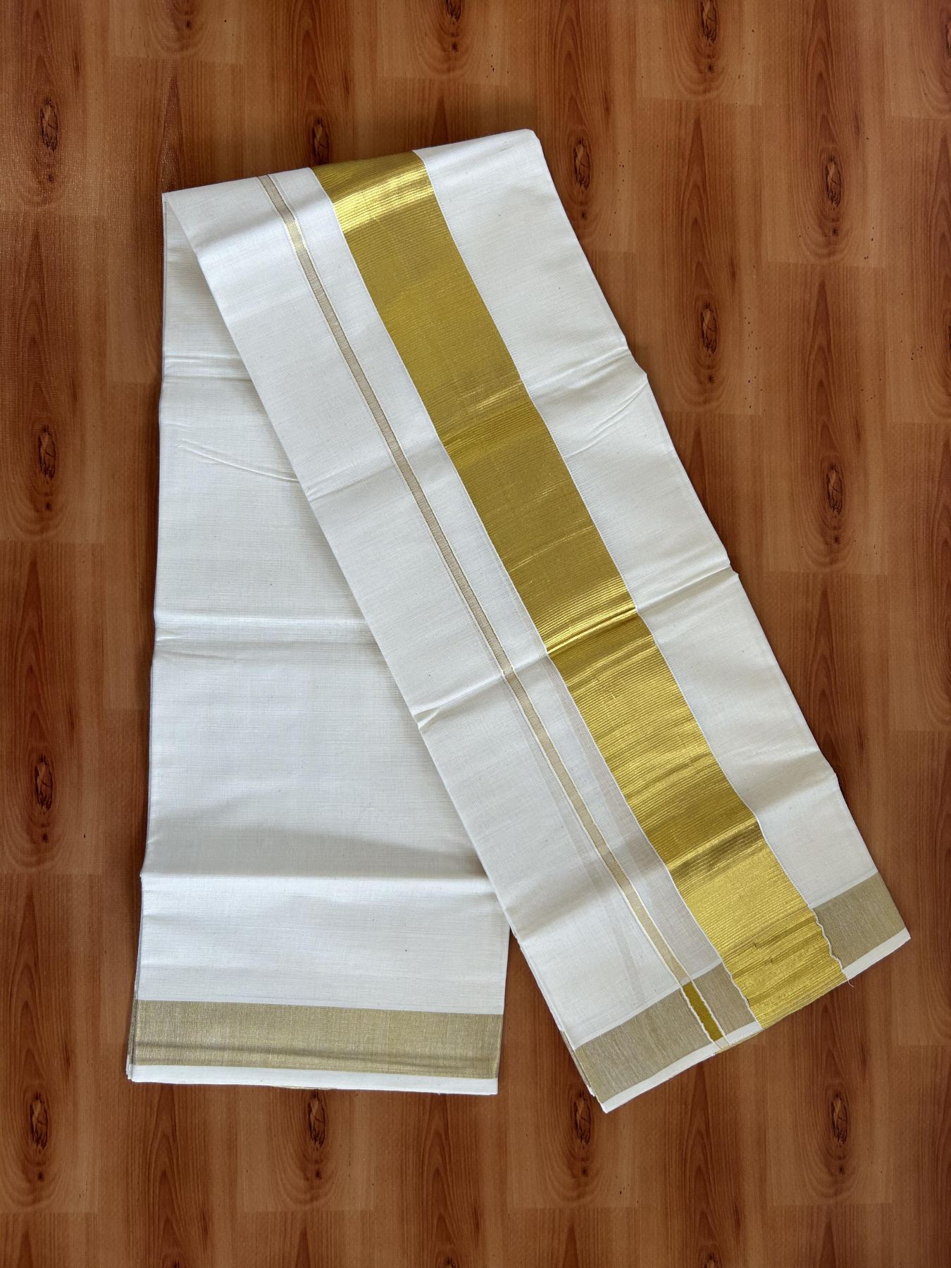 Neriyath Off White  (Unbleached) - 20% Discount!! KaithariKada Balaramapuram - 100% Pure Cotton - 70s - 2 Inch Gold Kasavu Kara - 1 KK5399 VIN