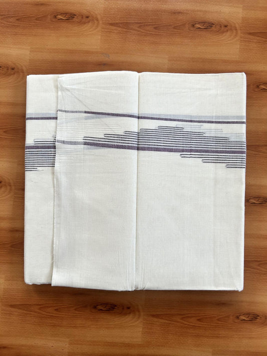 Double Off White (Unbleached) Mundu/Dhoti- 20% Discount! KaithariKada Pure Cotton - 100X80 - 1.5 inch Purple Stripes Jacquard Design Kara - 4 mtr (8.5 Muzham) - 17 KK5452 THI