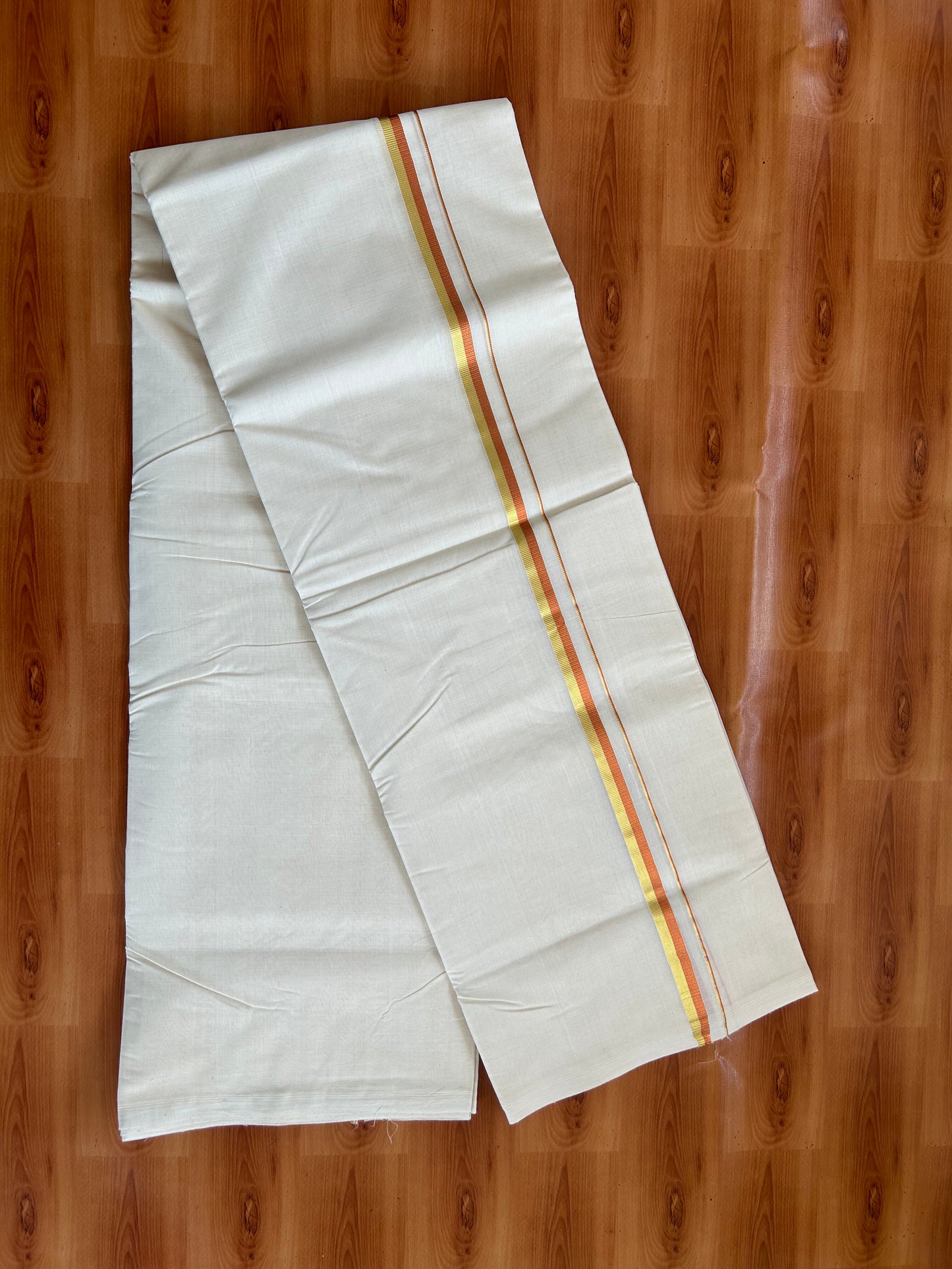 25% Discount! KaithariKada Kerala Handloom Millpaav - 100% Pure Cotton Off White (Unbleached) Double Mundu/Dhoti - 100X80 - 0.5 inch Gold & Copper Kasav Kara 3.80 (8Muzham) - 43 KK5380 SOM