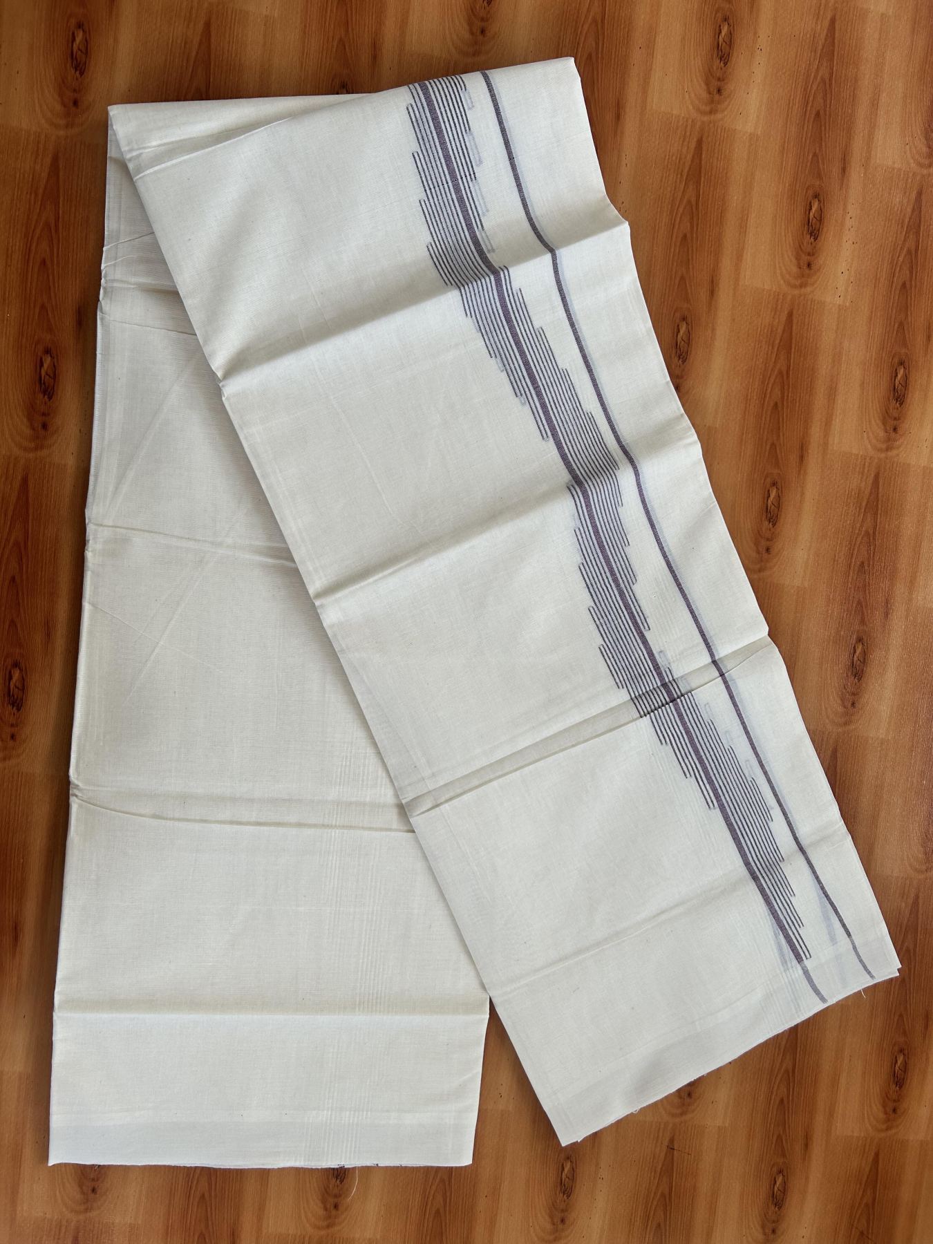 Double Off White (Unbleached) Mundu/Dhoti- 20% Discount! KaithariKada Pure Cotton - 100X80 - 1.5 inch Purple Stripes Jacquard Design Kara - 4 mtr (8.5 Muzham) - 17 KK5452 THI