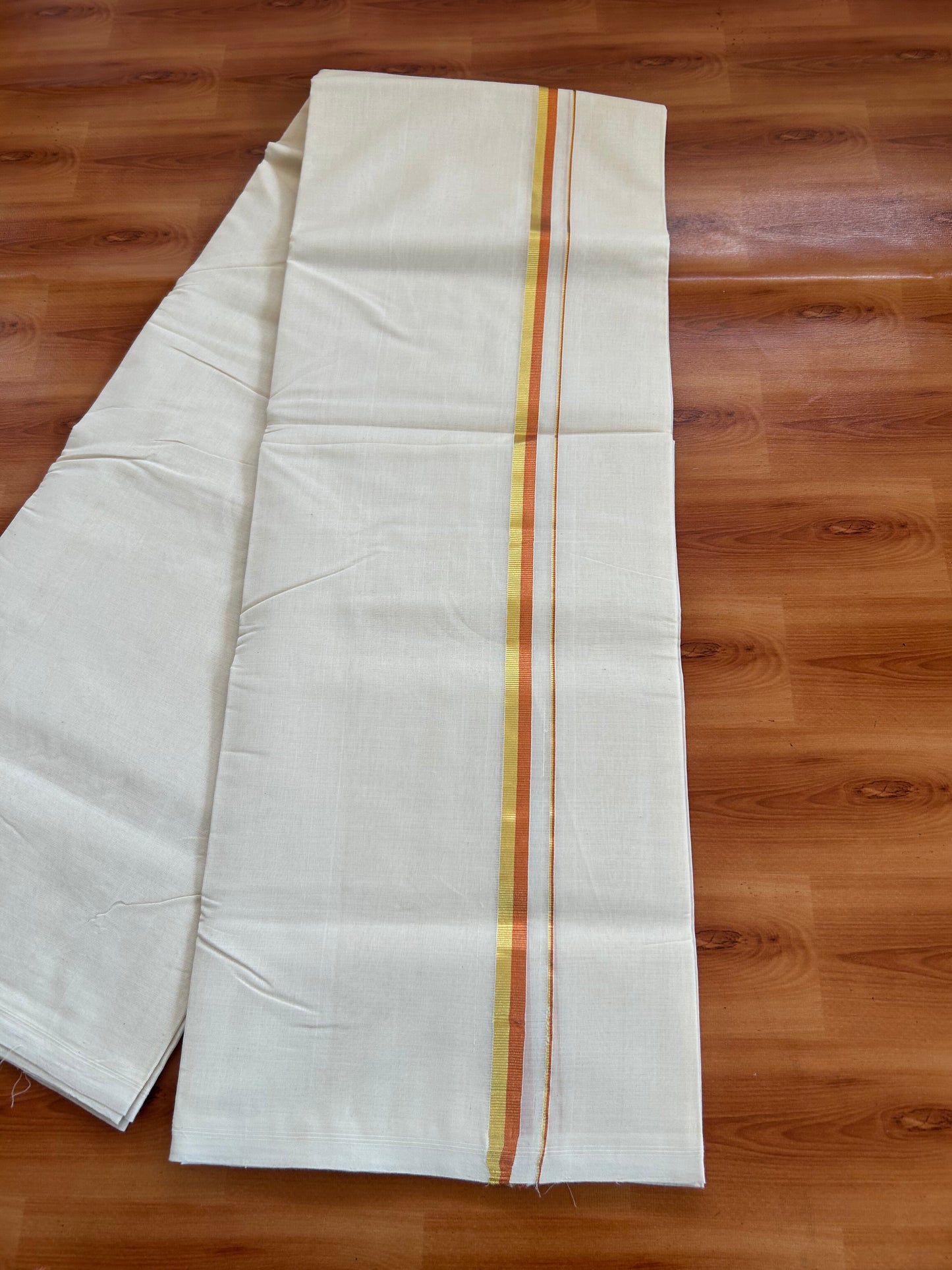 25% Discount! KaithariKada Kerala Handloom Millpaav - 100% Pure Cotton Off White (Unbleached) Double Mundu/Dhoti - 100X80 - 0.5 inch Gold & Copper Kasav Kara 3.80 (8Muzham) - 43 KK5380 SOM