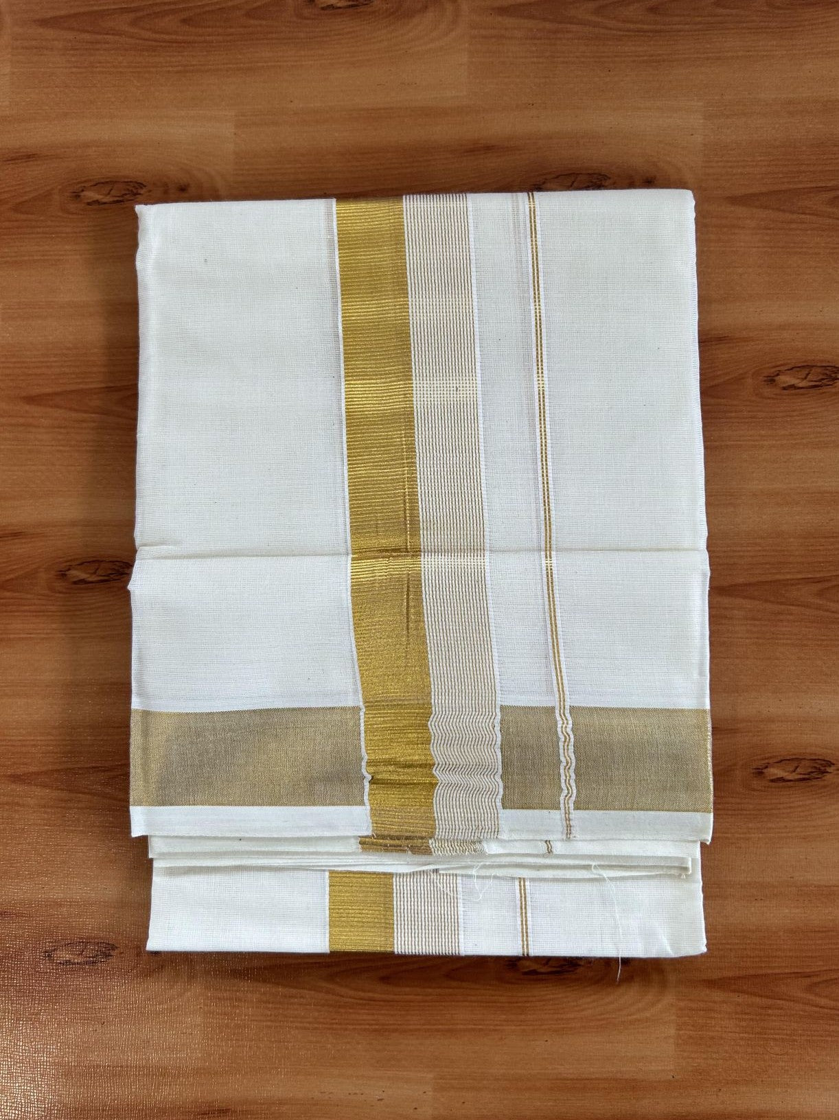 Neriyath Off White  (Unbleached) - 20% Discount!! KaithariKada Balaramapuram - 100% Pure Cotton - 70s - 1.75 Inch Gold Kasav Stripes Kara - 6 KK5399 VIN