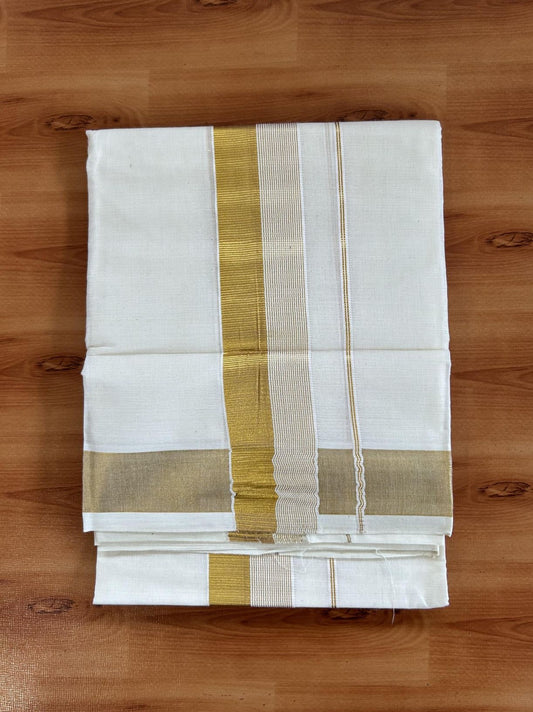 Neriyath Off White  (Unbleached) - 20% Discount!! KaithariKada Balaramapuram - 100% Pure Cotton - 70s - 1.75 Inch Gold Kasav Stripes Kara - 6 KK5399 VIN