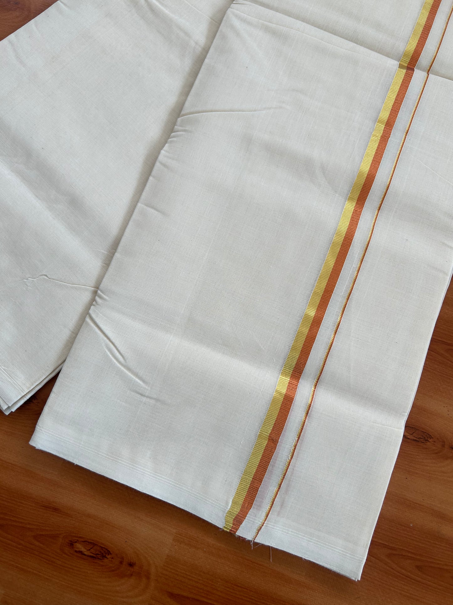 25% Discount! KaithariKada Kerala Handloom Millpaav - 100% Pure Cotton Off White (Unbleached) Double Mundu/Dhoti - 100X80 - 0.5 inch Gold & Copper Kasav Kara 3.80 (8Muzham) - 43 KK5380 SOM