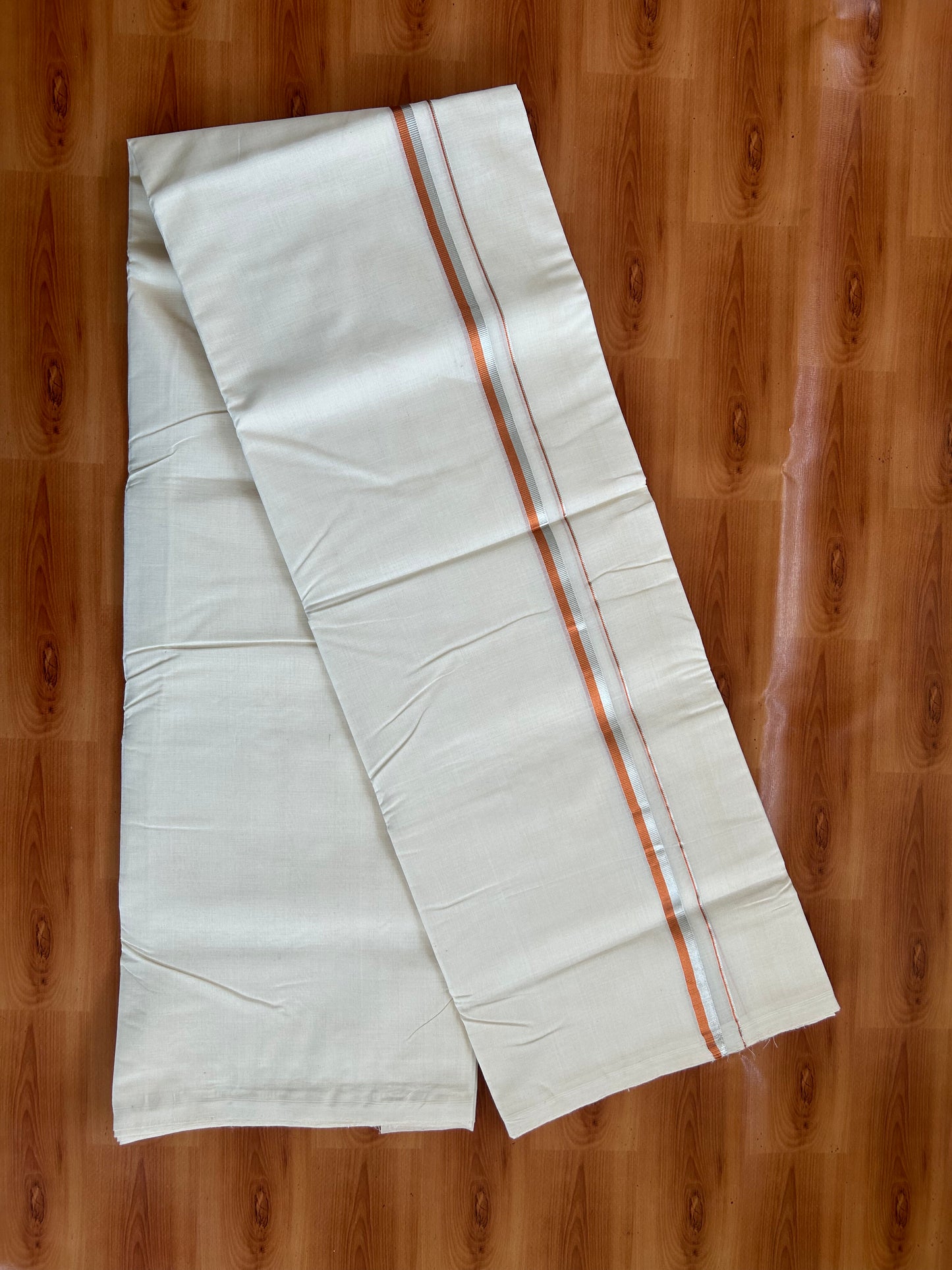 25% Discount! KaithariKada Kerala Handloom Millpaav - 100% Pure Cotton Off White (Unbleached) Double Mundu/Dhoti - 100X80 - 0.5 inch Silver & Copper Kasav Kara 3.80 (8Muzham) - 44 KK5380 SOM