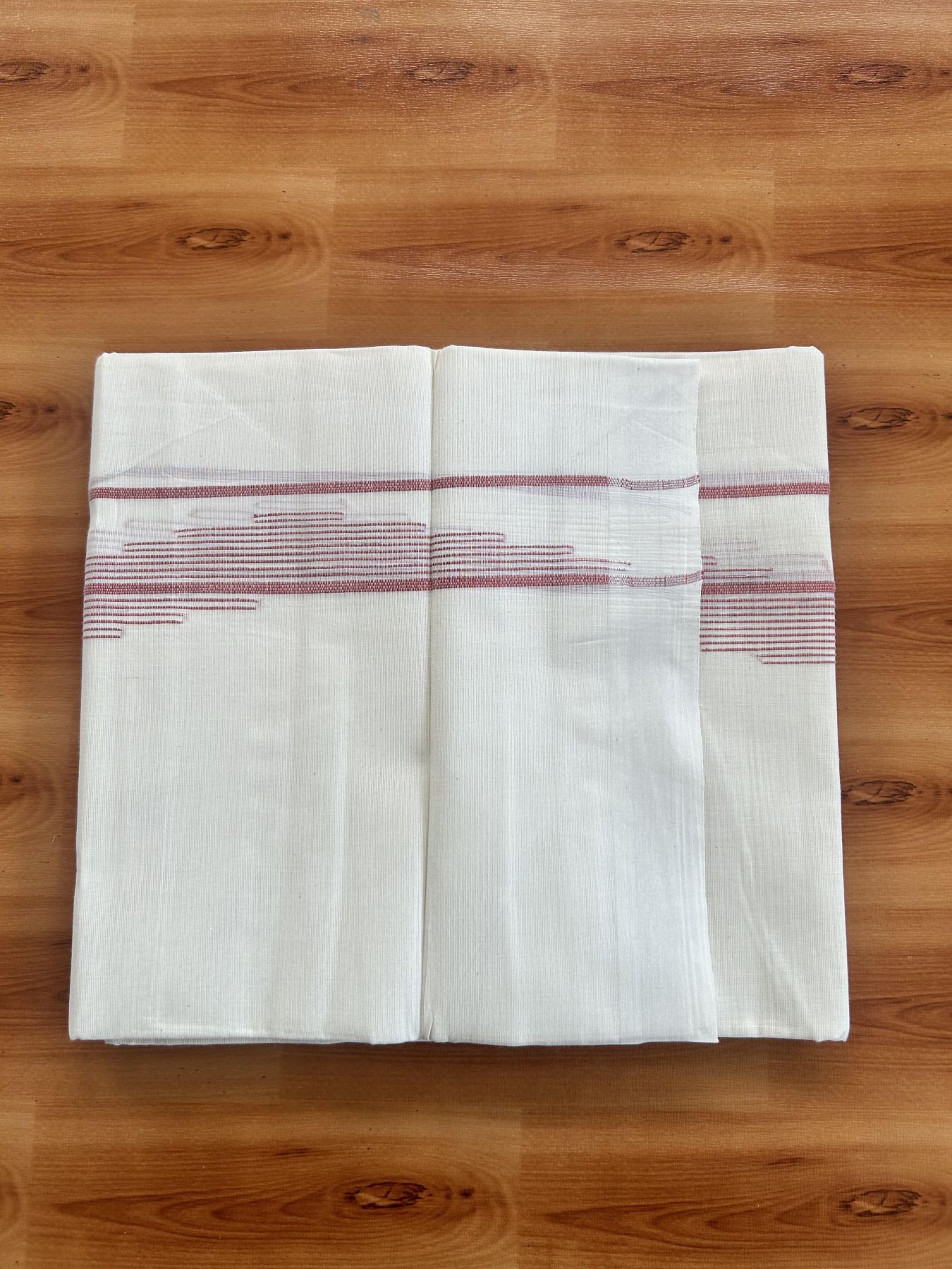 Double Off White (Unbleached) Mundu/Dhoti- 20% Discount! KaithariKada Pure Cotton - 100X80 - 1.5 inch Peach Orange Stripes Jacquard Design Kara - 4 mtr (8.5 Muzham) - 26 KK5452 THI