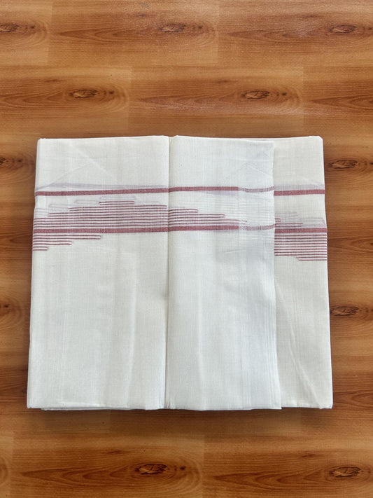 Double Off White (Unbleached) Mundu/Dhoti- 20% Discount! KaithariKada Pure Cotton - 100X80 - 1.5 inch Peach Orange Stripes Jacquard Design Kara - 4 mtr (8.5 Muzham) - 26 KK5452 THI