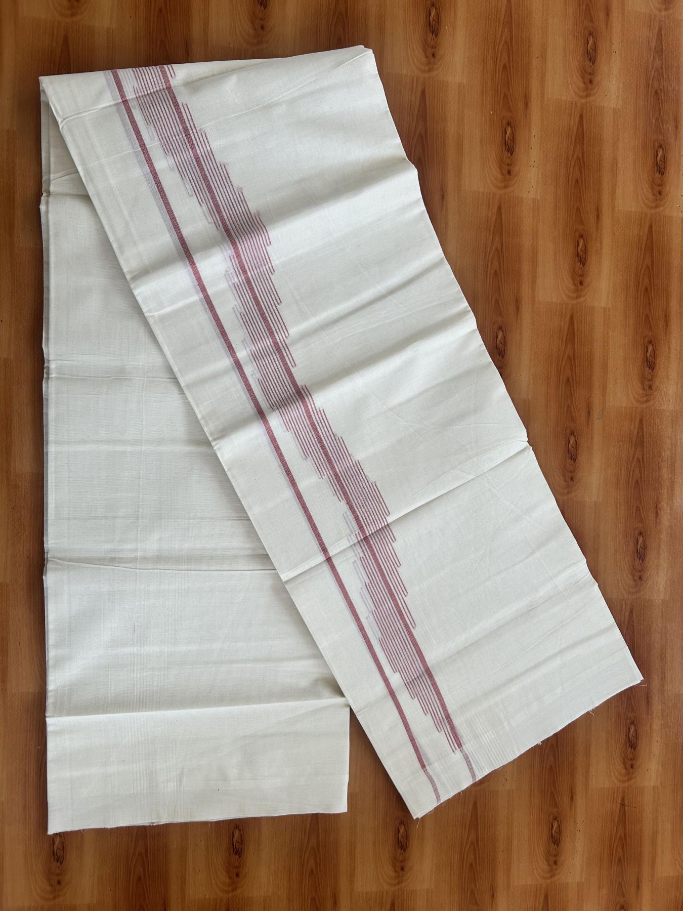 Double Off White (Unbleached) Mundu/Dhoti- 20% Discount! KaithariKada Pure Cotton - 100X80 - 1.5 inch Peach Orange Stripes Jacquard Design Kara - 4 mtr (8.5 Muzham) - 26 KK5452 THI