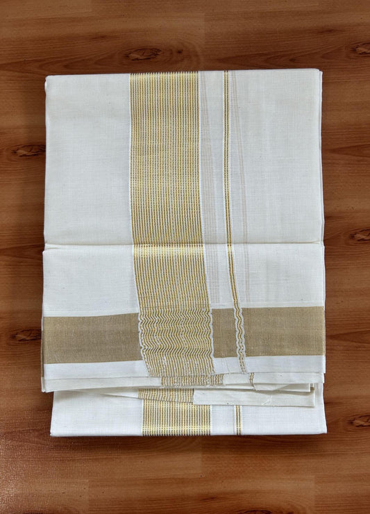 Neriyath Off White  (Unbleached) - 20% Discount!! KaithariKada Balaramapuram - 100% Pure Cotton - 70s - 1.75 Inch Gold Kasav Stripes Kara - 8 KK5399 VIN