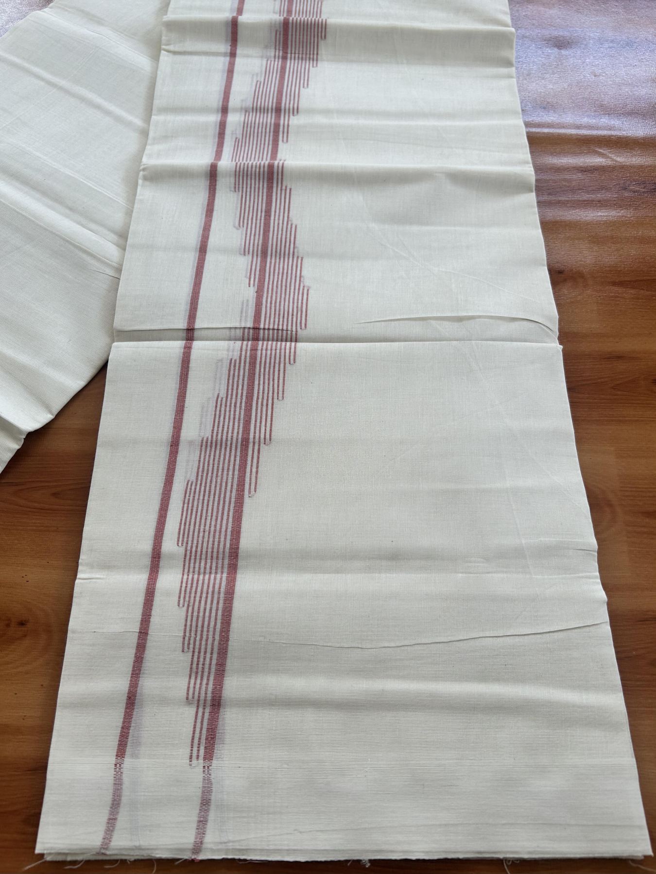 Double Off White (Unbleached) Mundu/Dhoti- 20% Discount! KaithariKada Pure Cotton - 100X80 - 1.5 inch Peach Orange Stripes Jacquard Design Kara - 4 mtr (8.5 Muzham) - 26 KK5452 THI