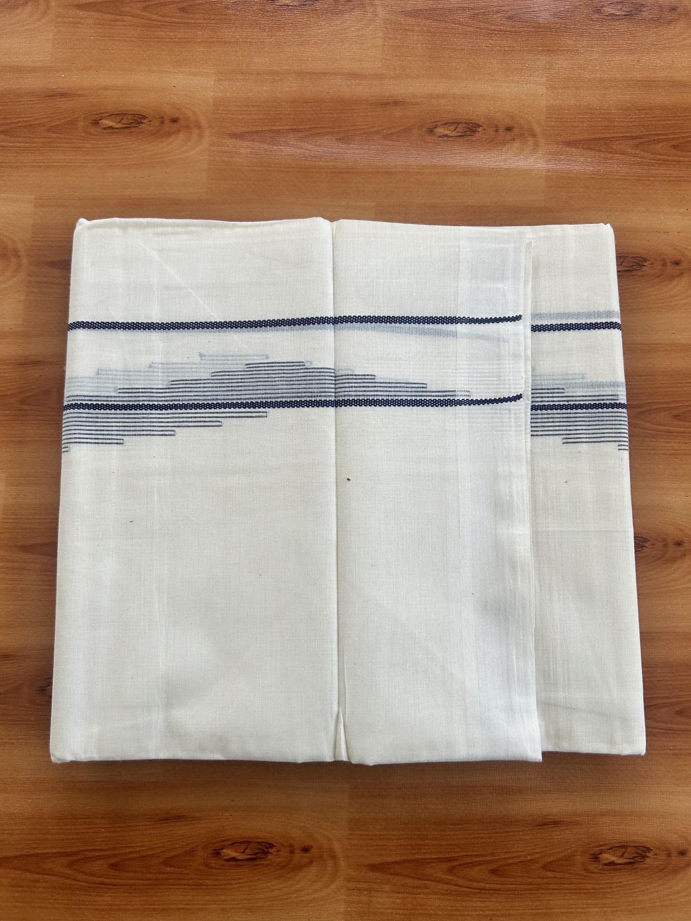 Double Off White (Unbleached) Mundu/Dhoti- 20% Discount! KaithariKada Pure Cotton - 100X80 - 1.5 inch Navy Blue Stripes Jacquard Design Kara - 4 mtr (8.5 Muzham) - 25 KK5452 THI