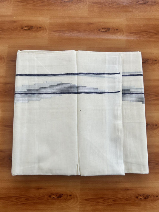 Double Off White (Unbleached) Mundu/Dhoti- 20% Discount! KaithariKada Pure Cotton - 100X80 - 1.5 inch Navy Blue Stripes Jacquard Design Kara - 4 mtr (8.5 Muzham) - 25 KK5452 THI