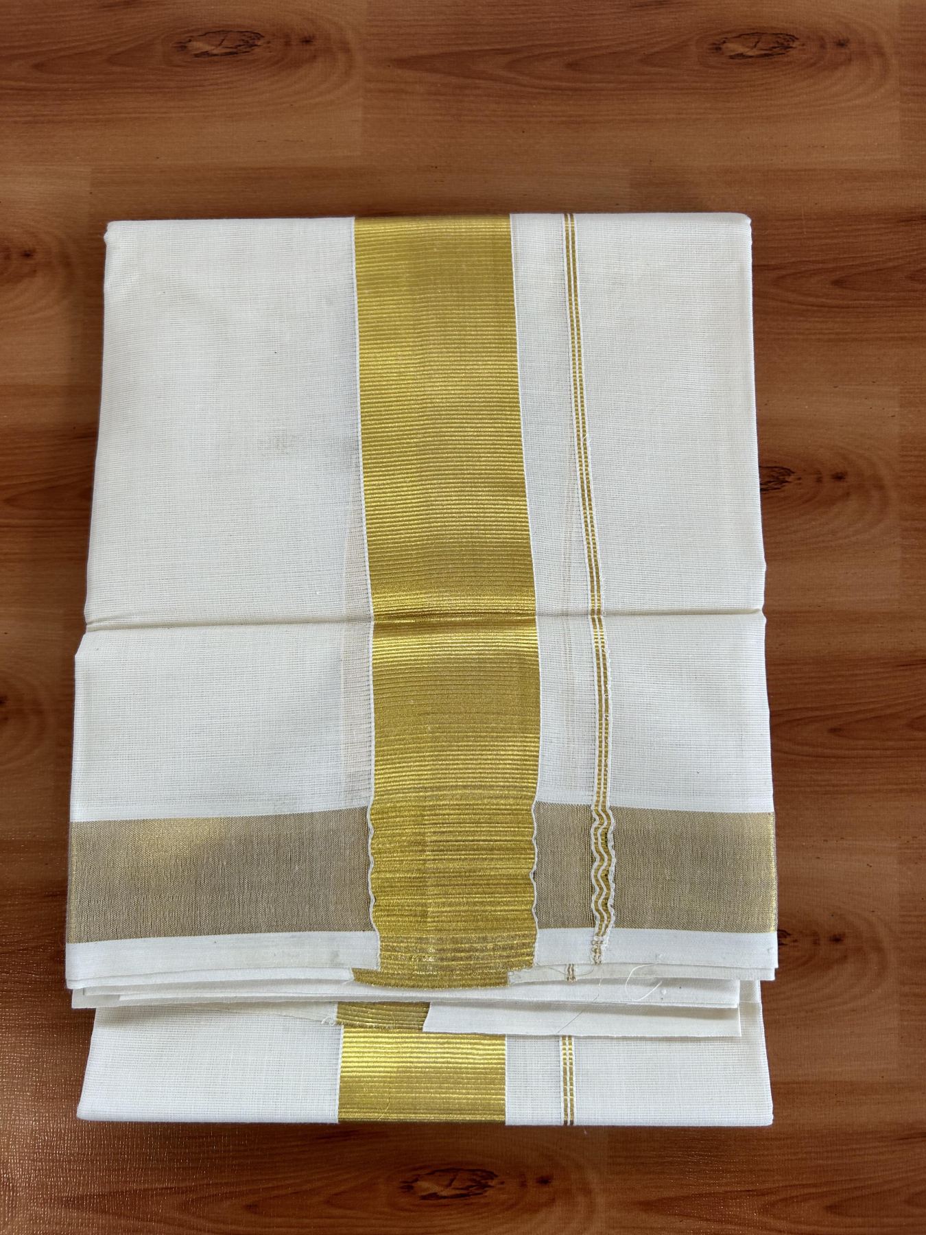 Neriyath Off White  (Unbleached) - 20% Discount!! KaithariKada Balaramapuram - 100% Pure Cotton - 70s - 2 Inch Gold Kasavu Kara - 2 KK5399 VIN