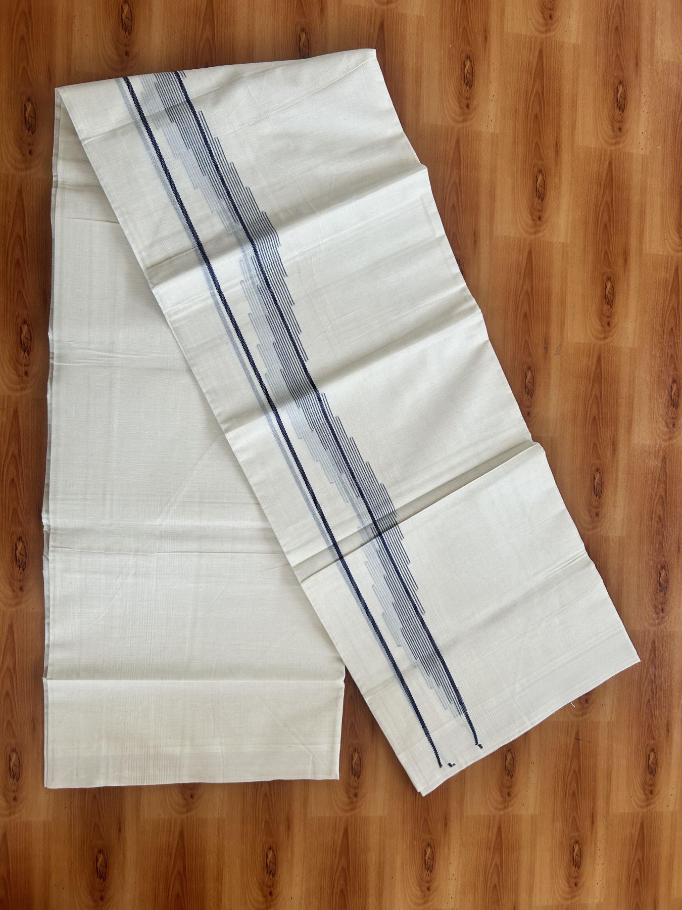 Double Off White (Unbleached) Mundu/Dhoti- 20% Discount! KaithariKada Pure Cotton - 100X80 - 1.5 inch Navy Blue Stripes Jacquard Design Kara - 4 mtr (8.5 Muzham) - 25 KK5452 THI
