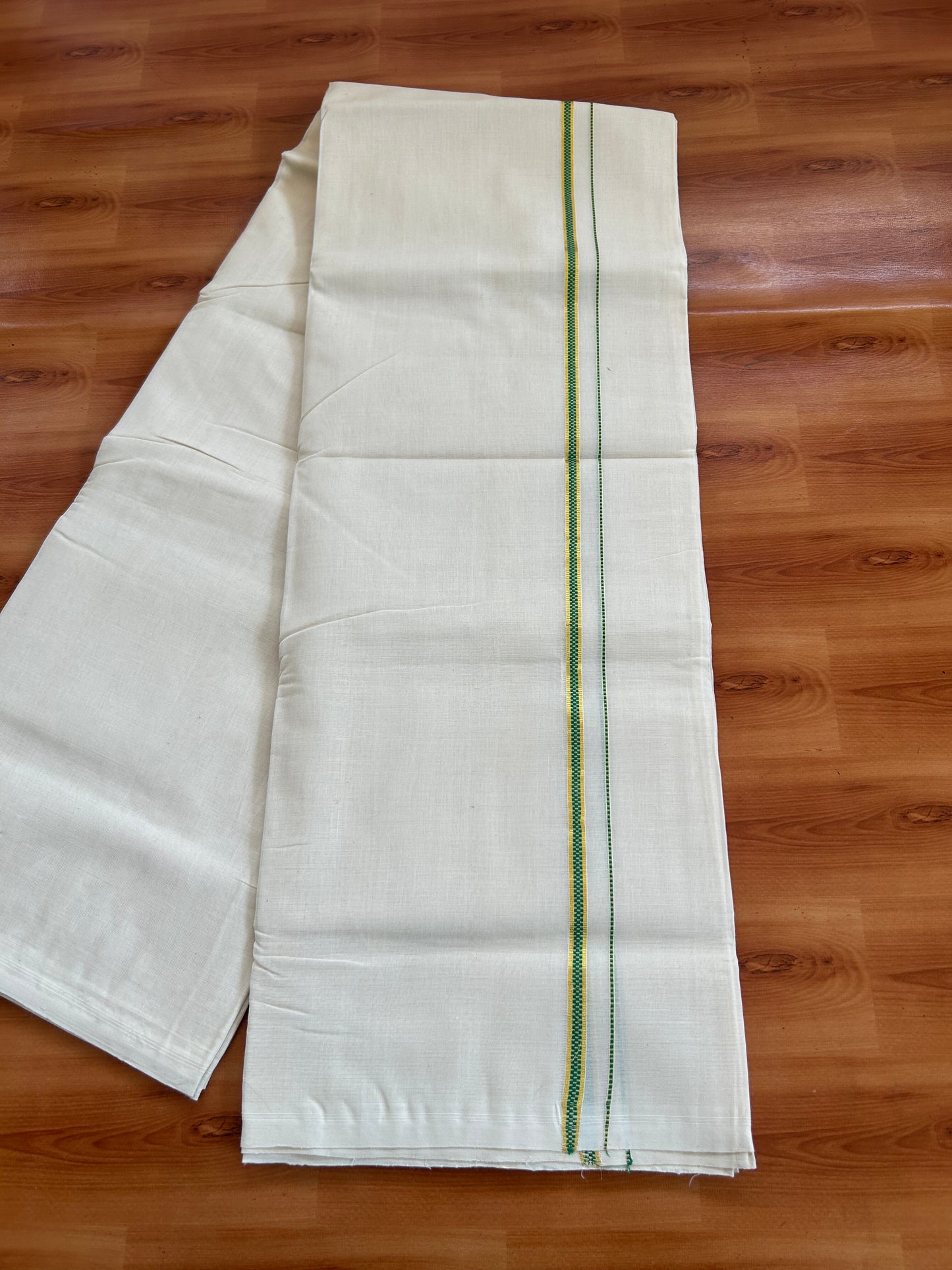 25% Discount ! KaithariKada Handloom Millpaav - Kerala Handloom - 100% Pure Cotton Off White (Unbleached) Double Mundu/Dhoti - 100x80 - 0.5 inch Gold Kasav & Light Green Muthukuri Kara 3.80 mtr (8 Muzham) - 19 KK5380 SOM