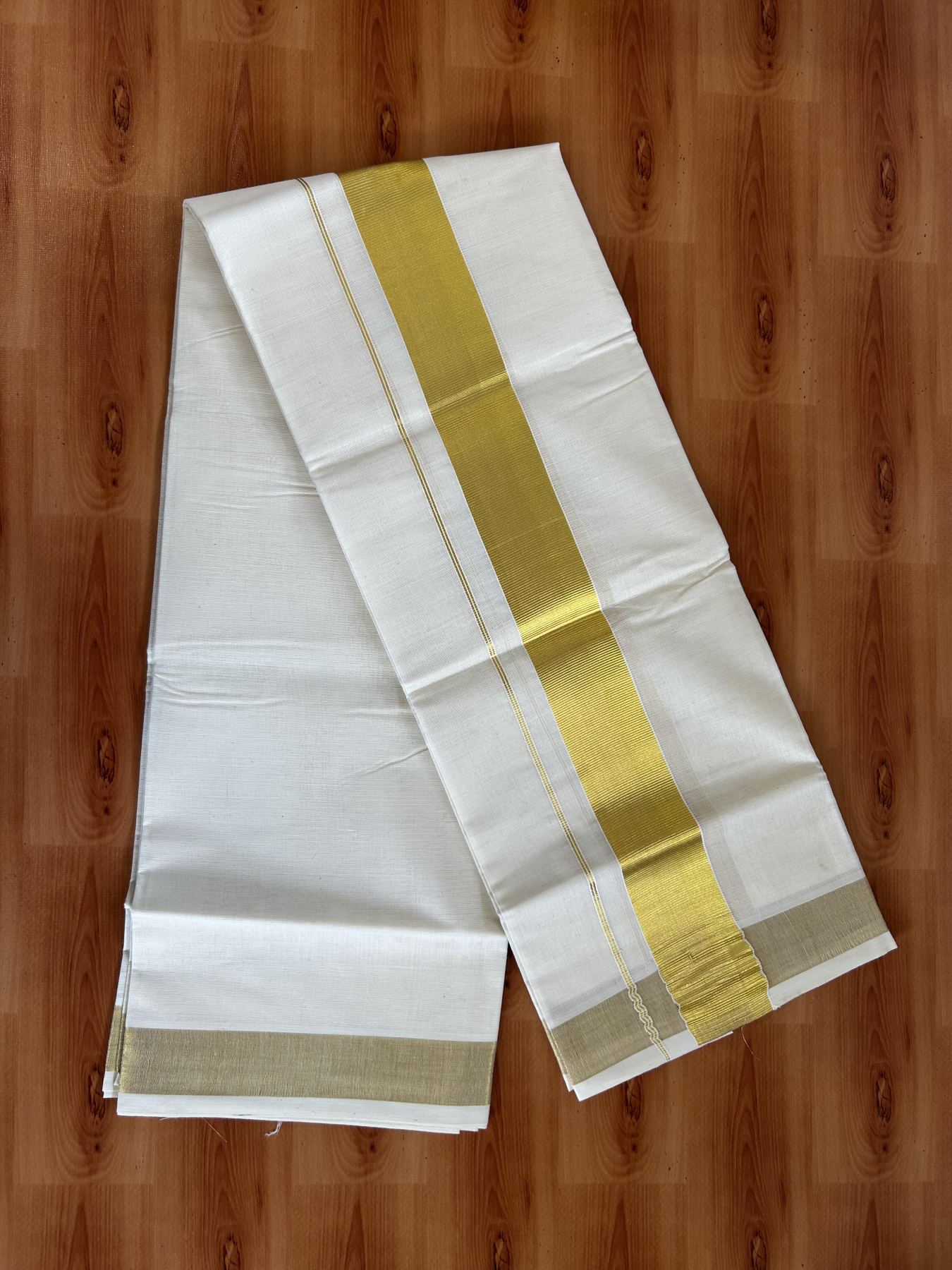 Neriyath Off White  (Unbleached) - 20% Discount!! KaithariKada Balaramapuram - 100% Pure Cotton - 70s - 2 Inch Gold Kasavu Kara - 2 KK5399 VIN