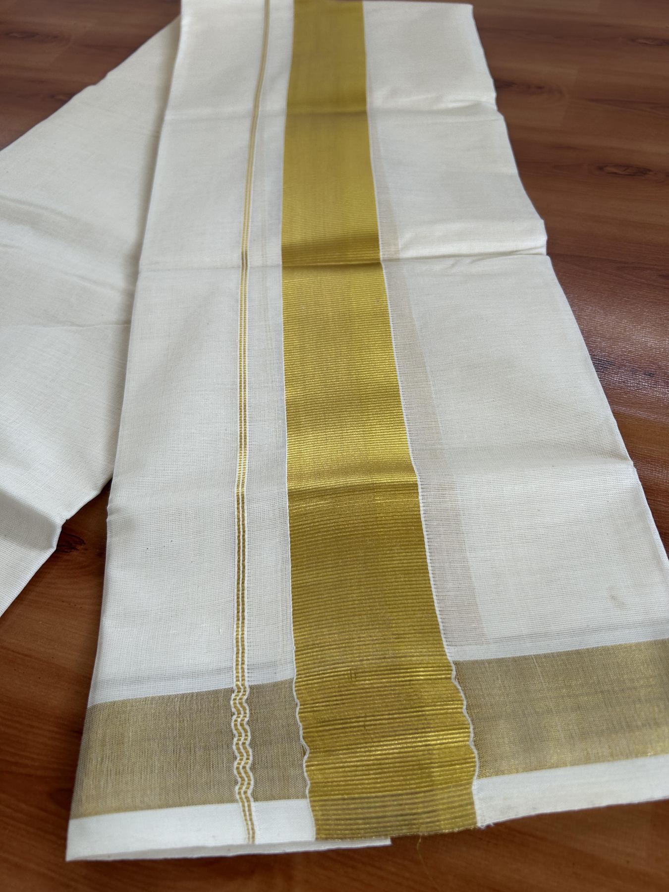 Neriyath Off White  (Unbleached) - 20% Discount!! KaithariKada Balaramapuram - 100% Pure Cotton - 70s - 2 Inch Gold Kasavu Kara - 2 KK5399 VIN