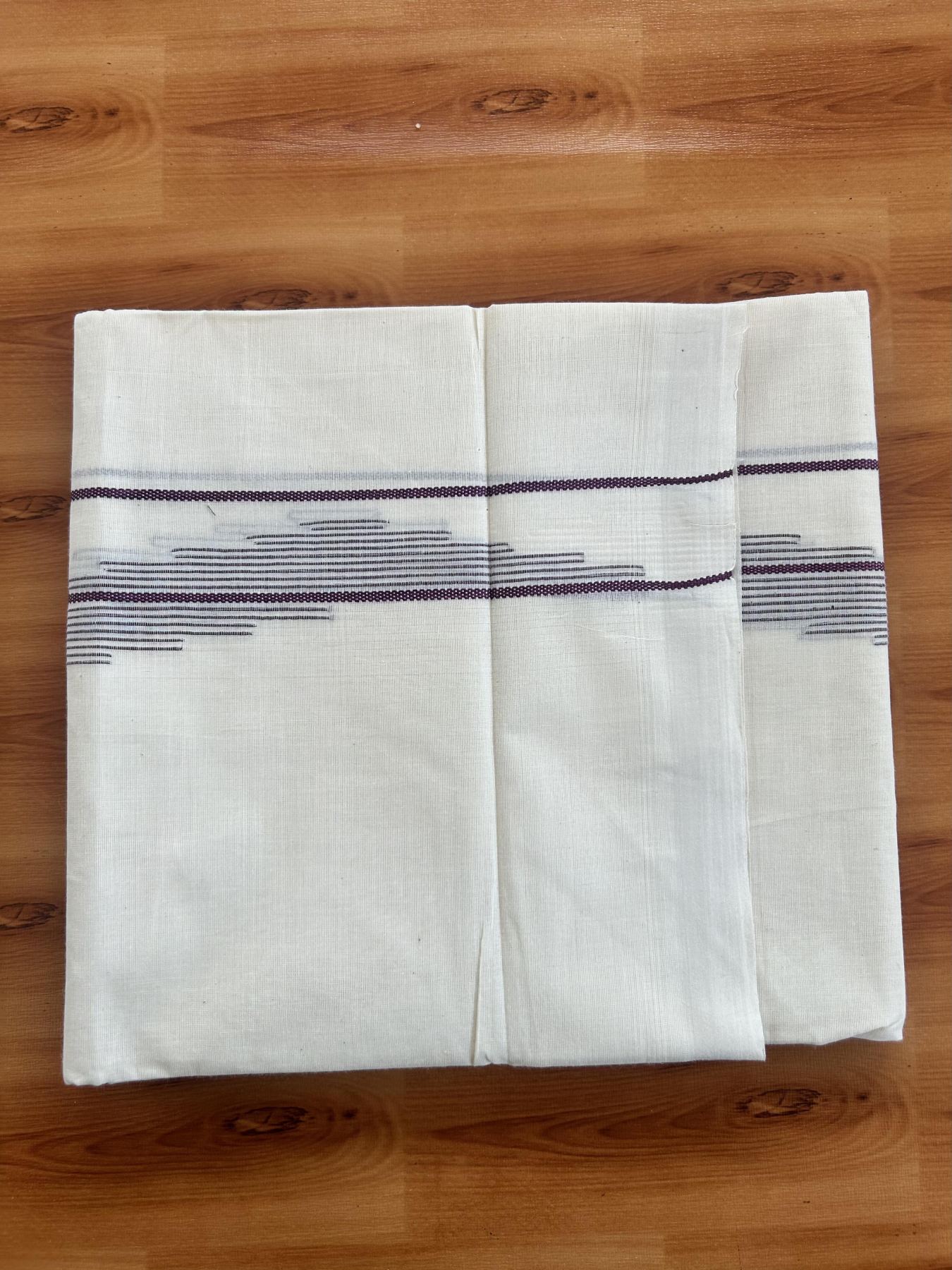 Double Off White (Unbleached) Mundu/Dhoti- 20% Discount! KaithariKada Pure Cotton - 100X80 - 1.5 inch Purple Stripes Jacquard Design Kara - 4 mtr (8.5 Muzham) - 24 KK5452 THI