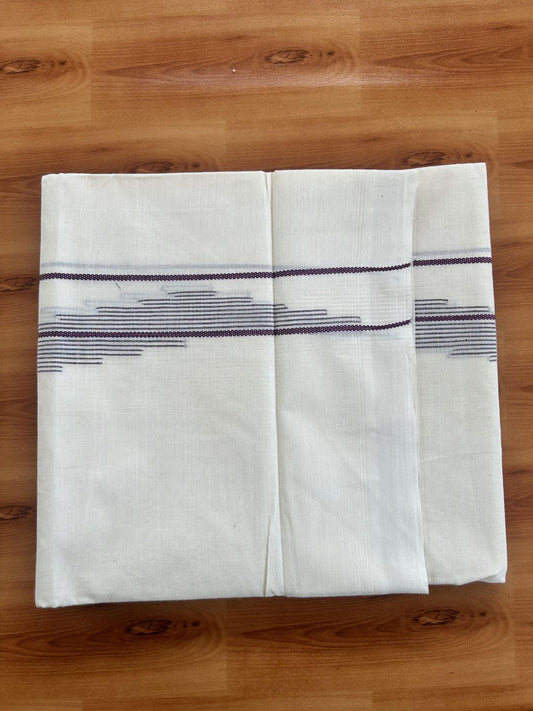 Double Off White (Unbleached) Mundu/Dhoti- 20% Discount! KaithariKada Pure Cotton - 100X80 - 1.5 inch Purple Stripes Jacquard Design Kara - 4 mtr (8.5 Muzham) - 24 KK5452 THI