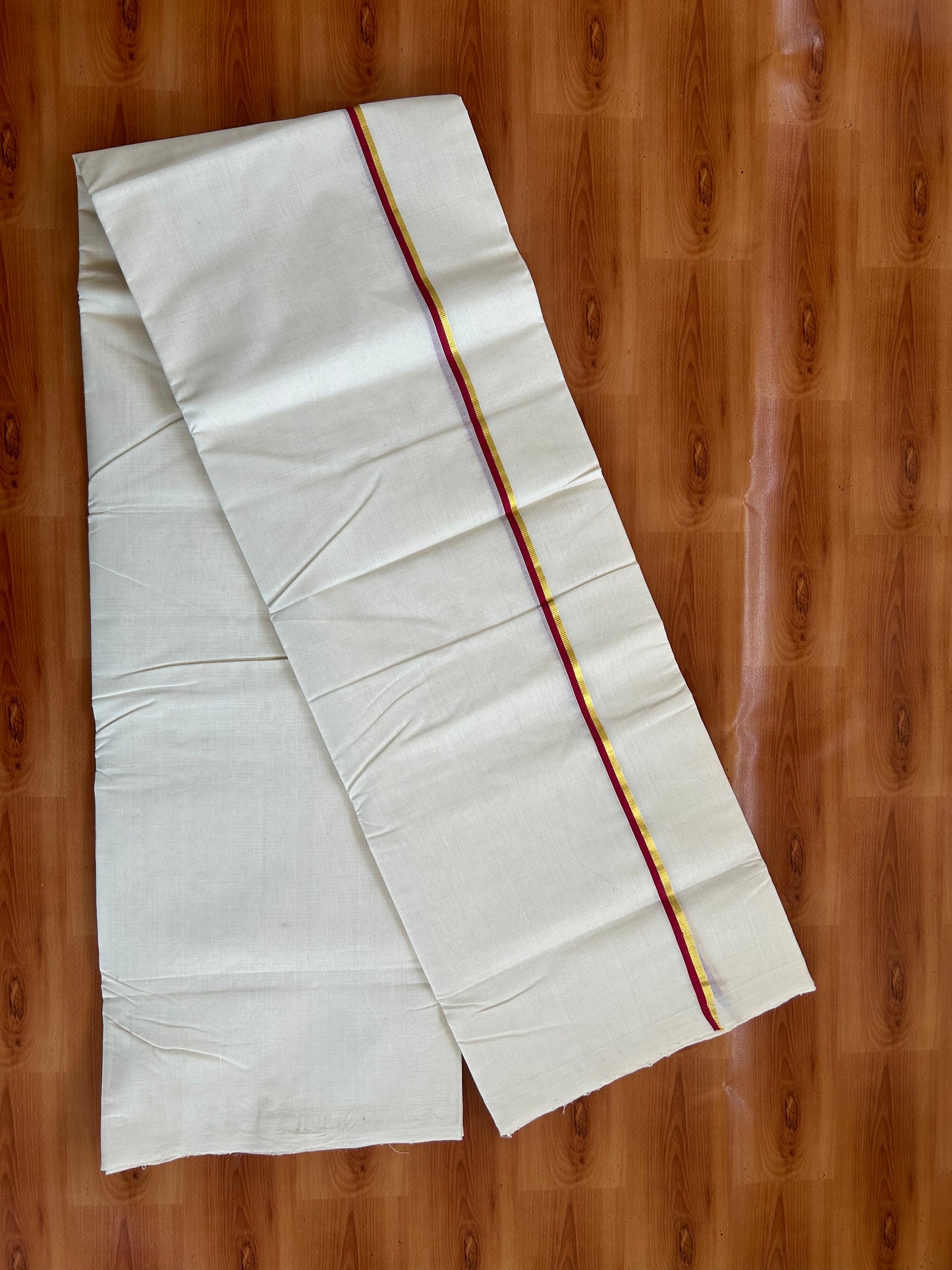 25% Discount ! KaithariKada Handloom Millpaav - Kerala Handloom - 100% Pure Cotton Off White Unbleached) Double Mundu/Dhoti - 100x80 - 1 cm Gold Kasav & Red Kara 3.80 mtr (8 Muzham) - 70 KK5380 SOM