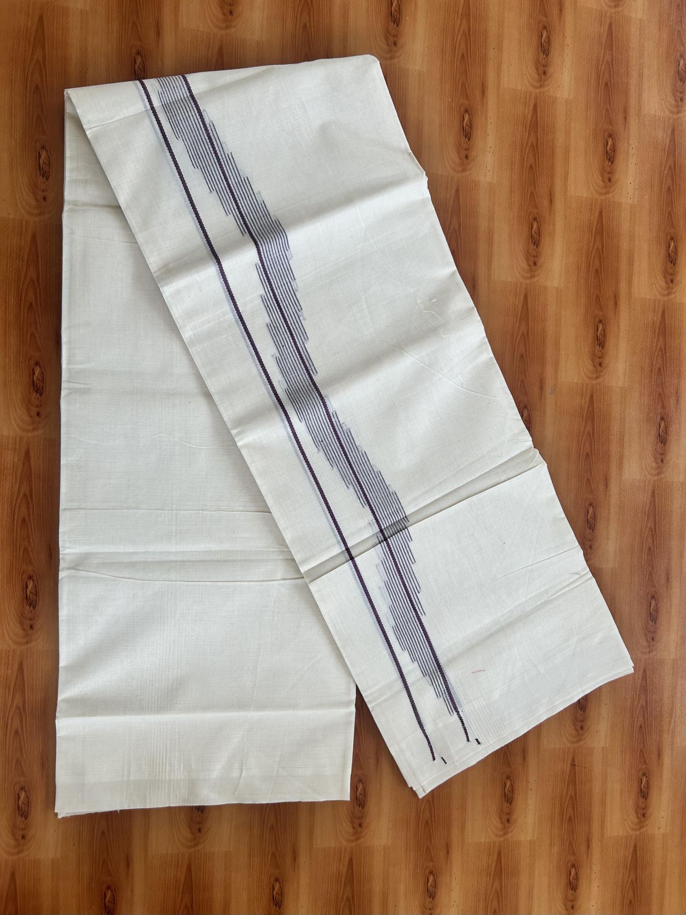 Double Off White (Unbleached) Mundu/Dhoti- 20% Discount! KaithariKada Pure Cotton - 100X80 - 1.5 inch Purple Stripes Jacquard Design Kara - 4 mtr (8.5 Muzham) - 24 KK5452 THI