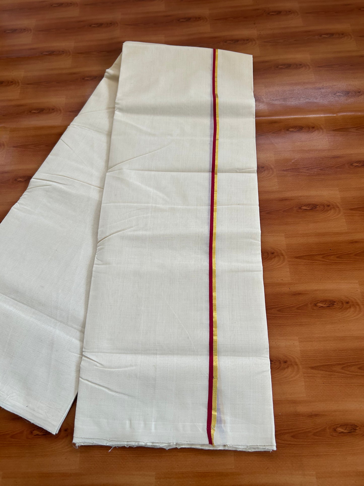 25% Discount ! KaithariKada Handloom Millpaav - Kerala Handloom - 100% Pure Cotton Off White Unbleached) Double Mundu/Dhoti - 100x80 - 1 cm Gold Kasav & Red Kara 3.80 mtr (8 Muzham) - 70 KK5380 SOM