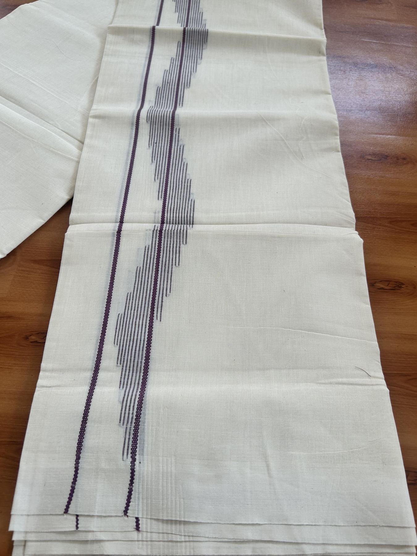Double Off White (Unbleached) Mundu/Dhoti- 20% Discount! KaithariKada Pure Cotton - 100X80 - 1.5 inch Purple Stripes Jacquard Design Kara - 4 mtr (8.5 Muzham) - 24 KK5452 THI