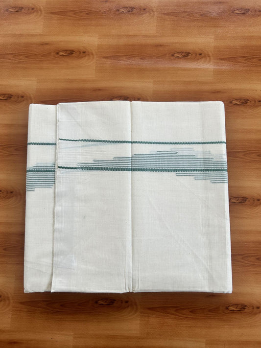 Double Off White (Unbleached) Mundu/Dhoti- 20% Discount! KaithariKada Pure Cotton - 100X80 - 1.5 inch Light Green Stripes Jacquard Design Kara - 4 mtr (8.5 Muzham) - 23 KK5452 THI