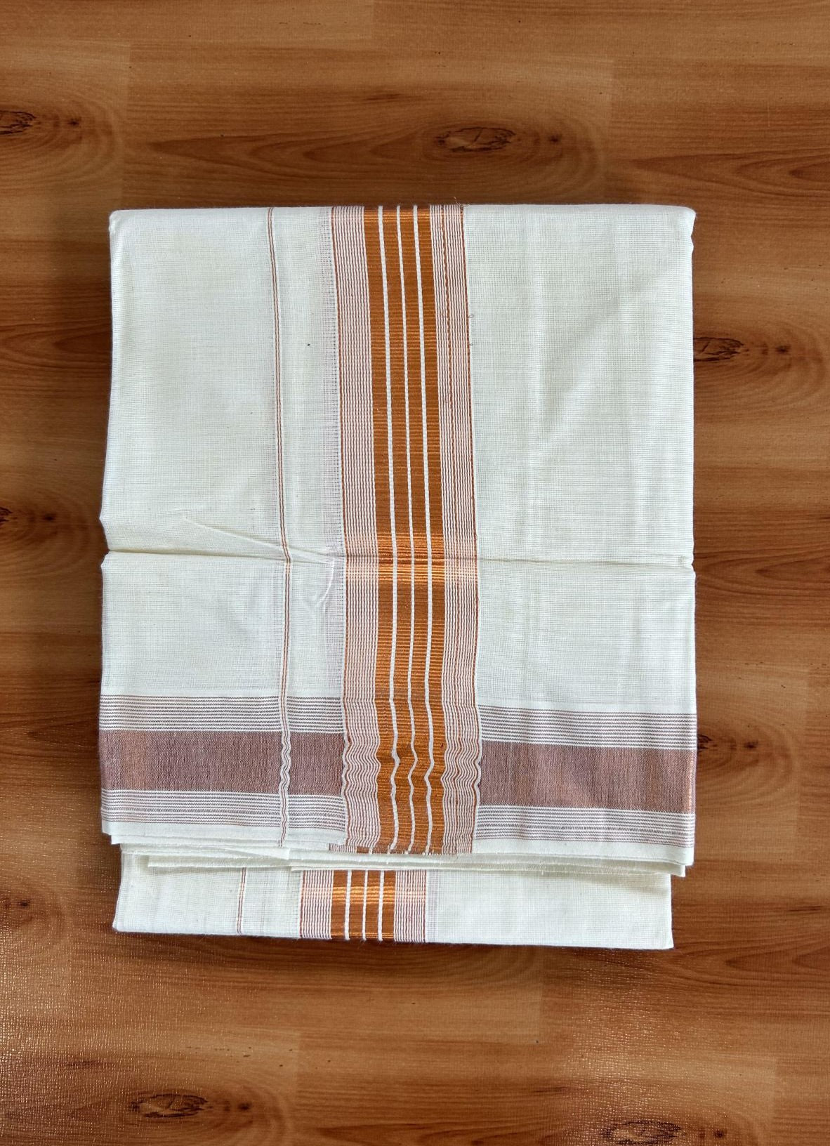 Neriyath Off White  (Unbleached) - 20% Discount!! KaithariKada Balaramapuram - 100% Pure Cotton - 70s - 1.75 Inch Copper Kasav Stripes Kara - 9 KK5399 VIN