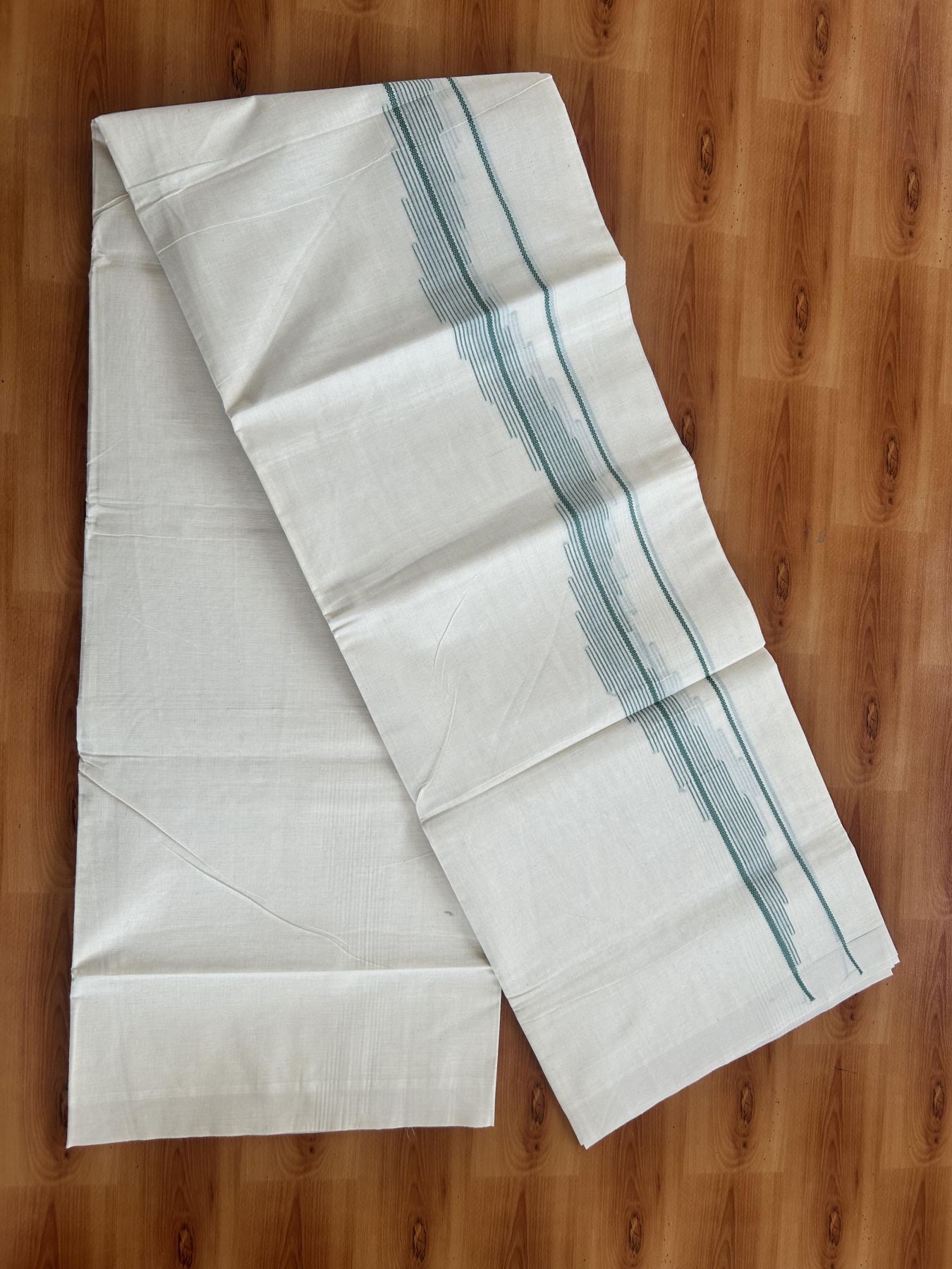Double Off White (Unbleached) Mundu/Dhoti- 20% Discount! KaithariKada Pure Cotton - 100X80 - 1.5 inch Light Green Stripes Jacquard Design Kara - 4 mtr (8.5 Muzham) - 23 KK5452 THI